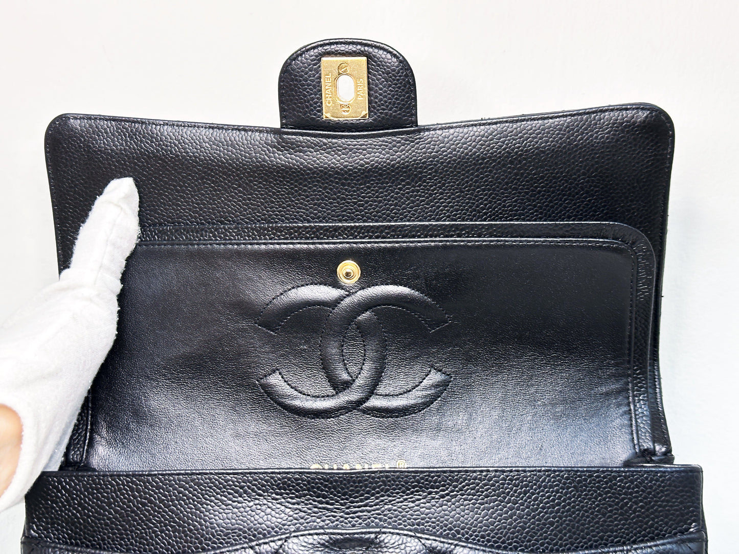 Chanel Medium Size Classic Quilted Caviar Double Flap Bag Black 1184 holo card