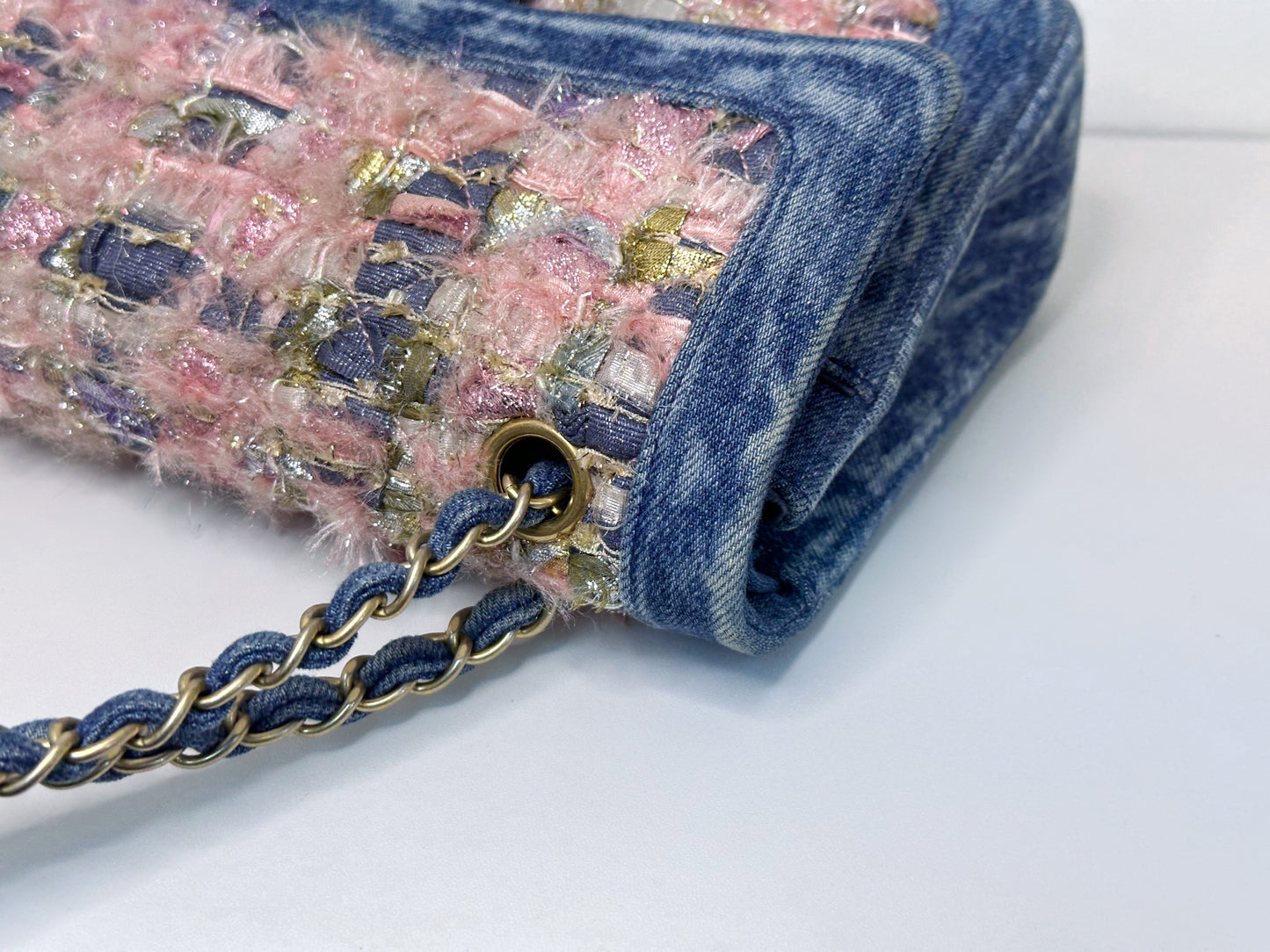 Chanel Pink, Silver, and Gold Tweed and Denim Medium Classic Double Flap Gold Hardware, 2016