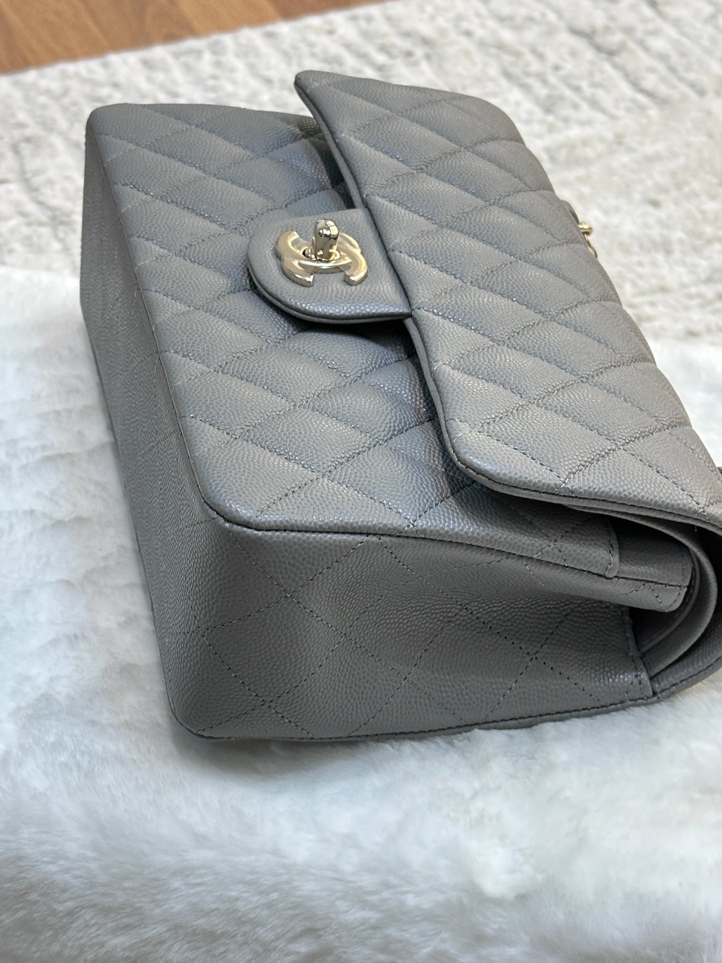 Chanel Small Caviar Quilted Double Flap Grey 21B Unused Condition