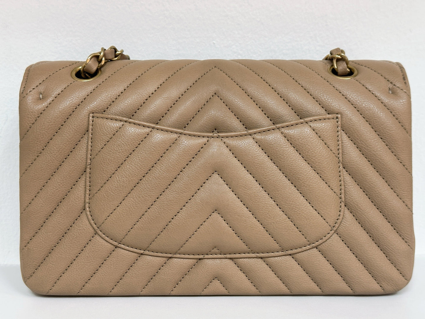 Chanel Calfskin Chevron Quilted Medium Double Flap Beige 2383 holo card