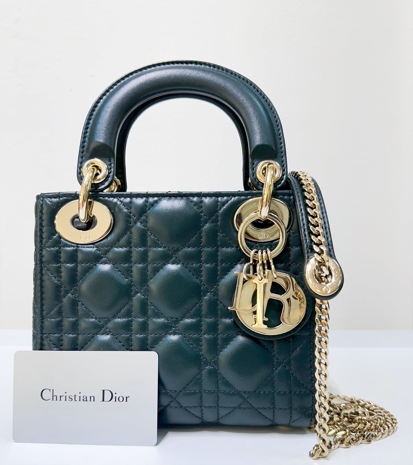 CHRISTIAN DIOR Lambskin Cannage Mini Lady Dior Dark Green