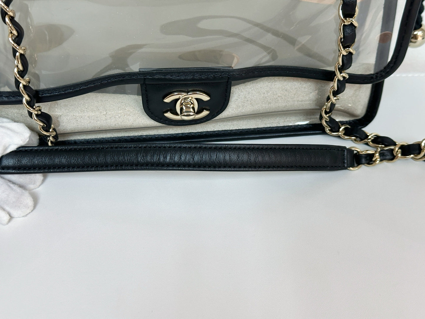 Chanel Medium Lambskin CoCo Sand PVC Sand By The Sea Flap With Pearl Strap Black 2745 holo card
