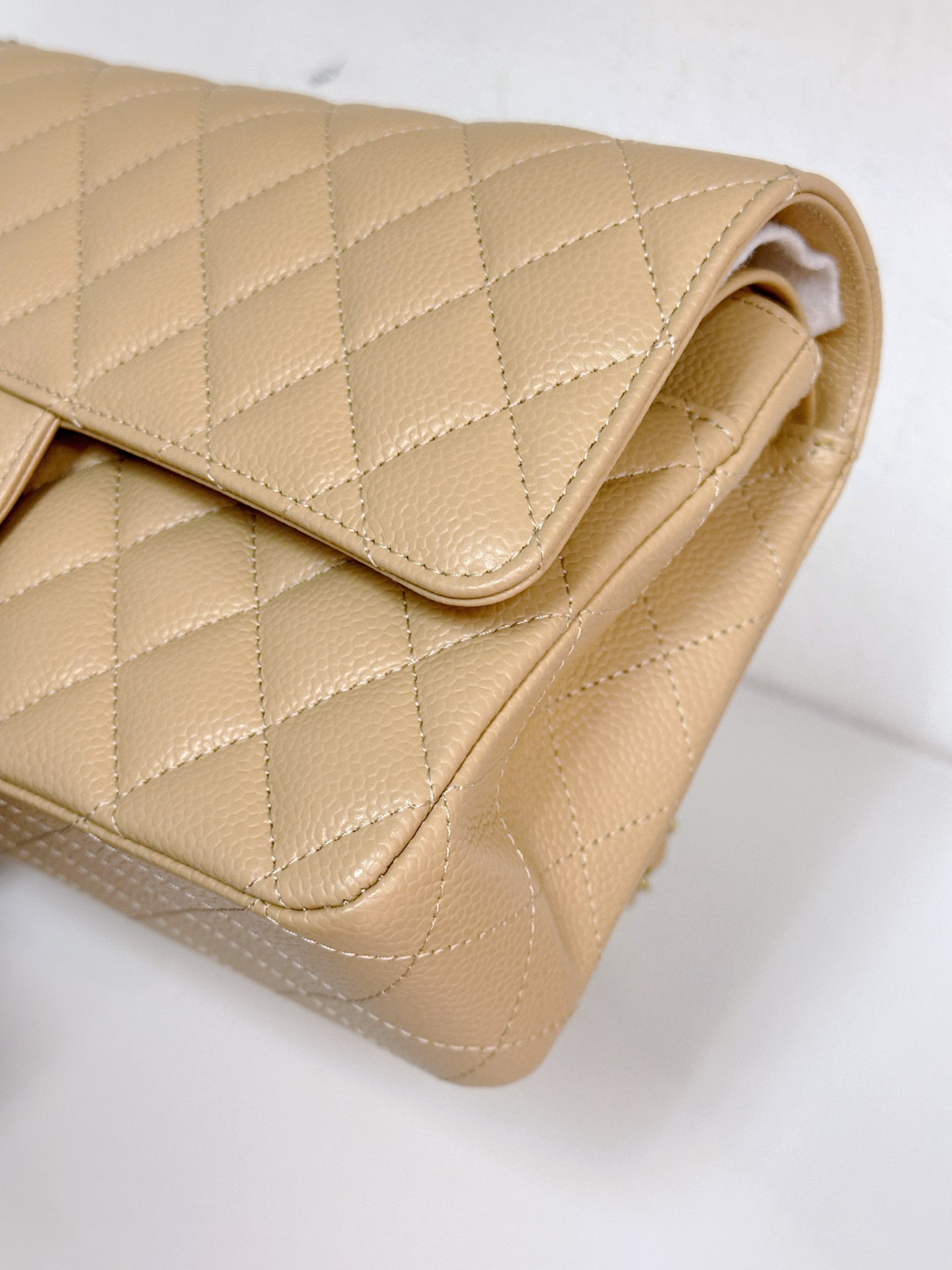 Chanel Medium Beige Classic Caviar Double Flap Bag GHW Microchip Singapore local Receipt