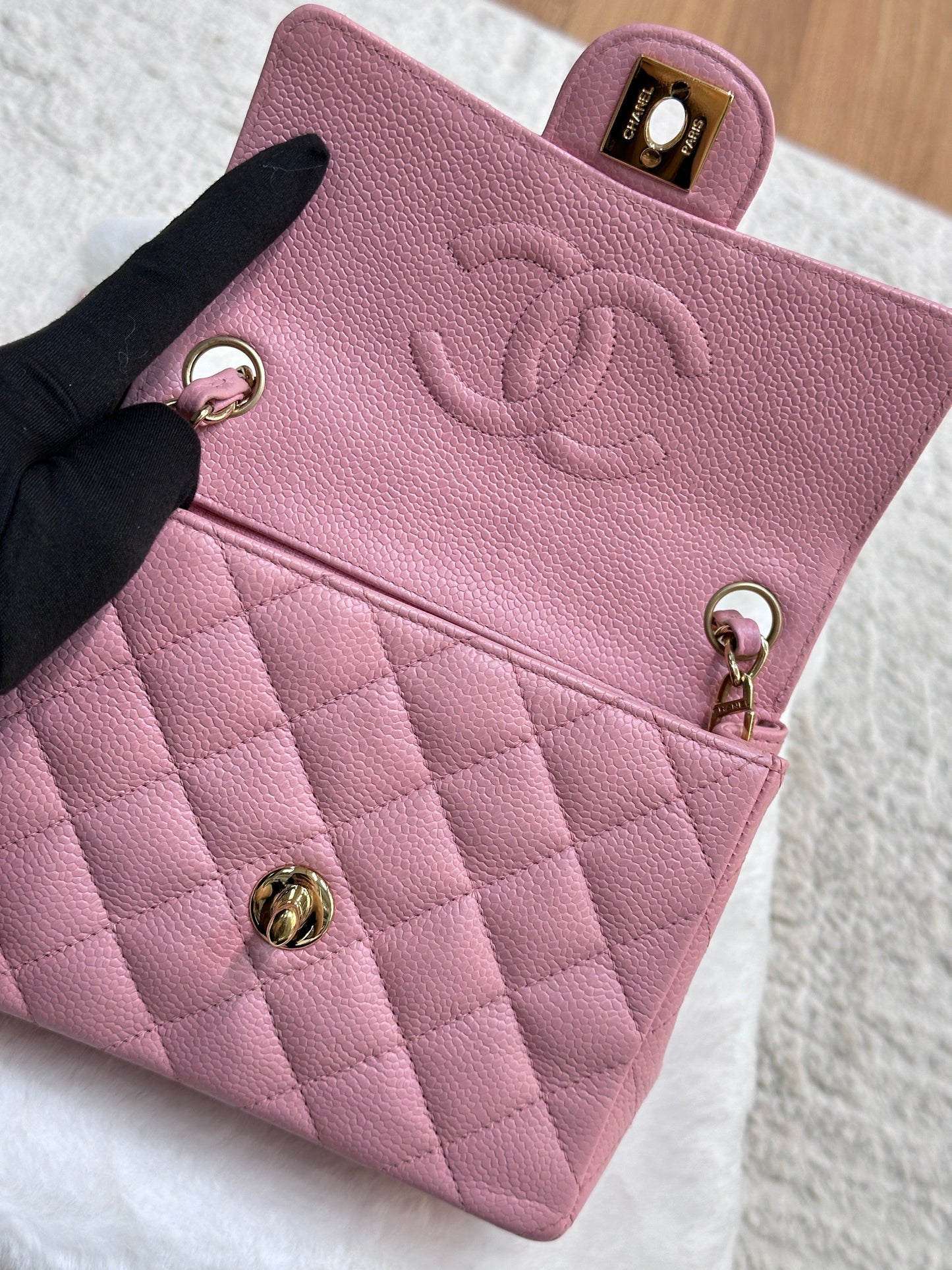 Chanel Mini Square Classic Caviar Flap Pink. Body lightly touched