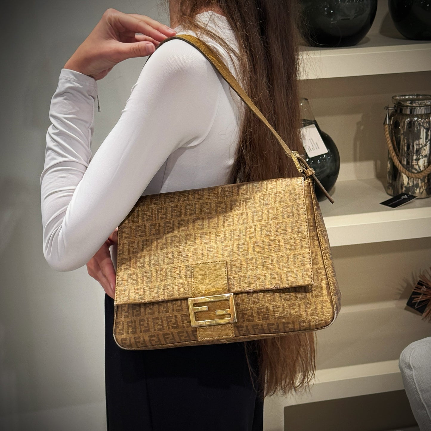 Fendi Gold Zucchino Canvas Mamma Forever Shoulder Bag TWS