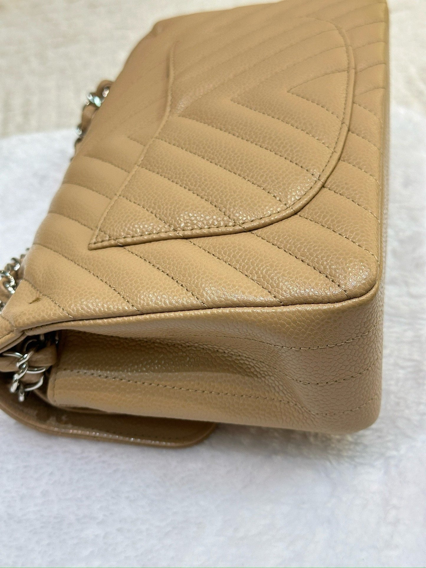 Chanel Small Classic Chevron Calfskin Double Flap Dark Beige SHW 19S 27 Holo card