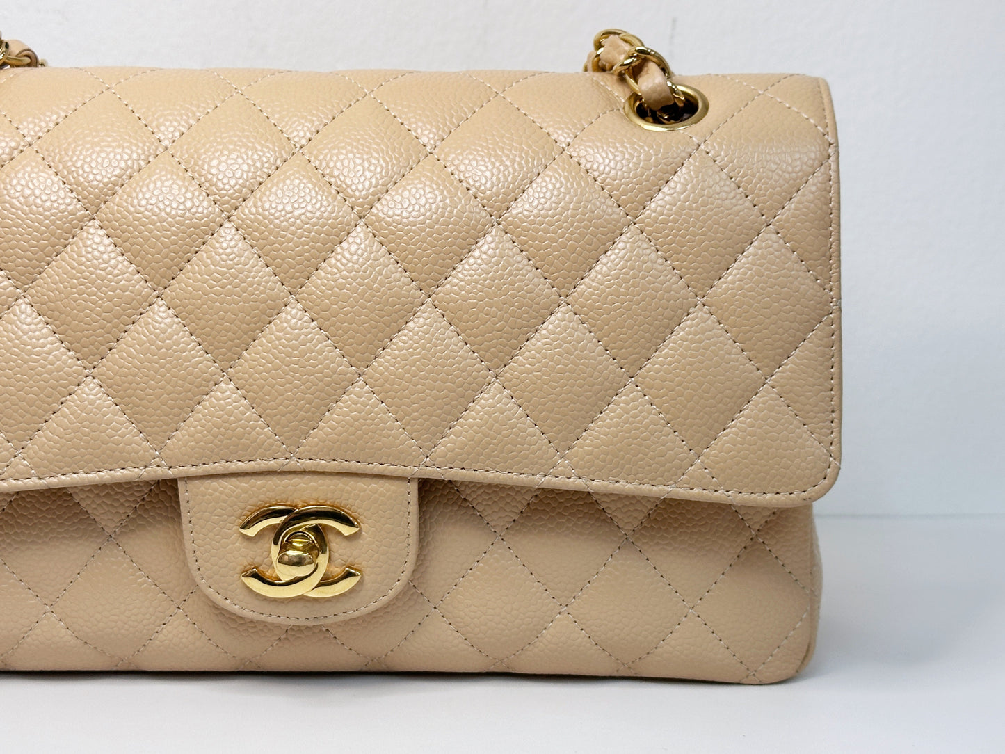 Chanel Medium Caviar Classic Double Flap Bag Beige 2552 holo card