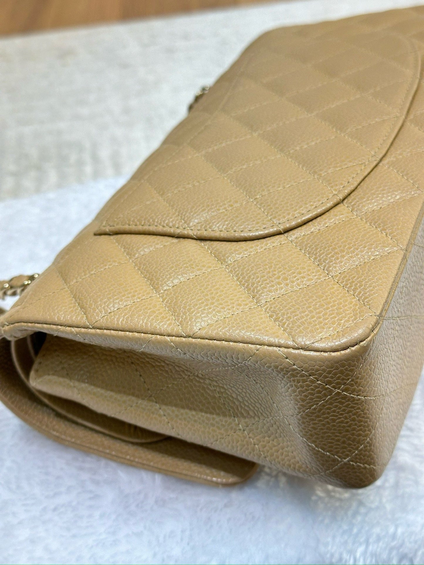 Chanel Medium Caviar Quilted Double Flap Beige Bag 866 Holo