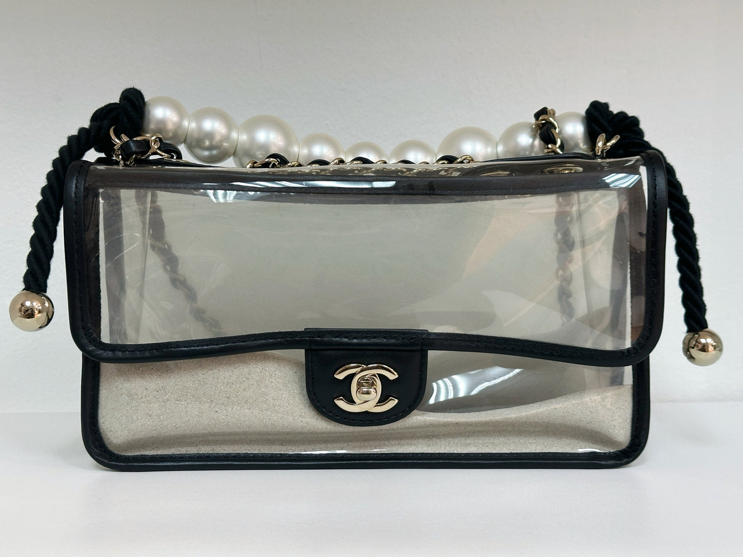 Chanel Medium Lambskin CoCo Sand PVC Sand By The Sea Flap With Pearl Strap Black 2745 holo card