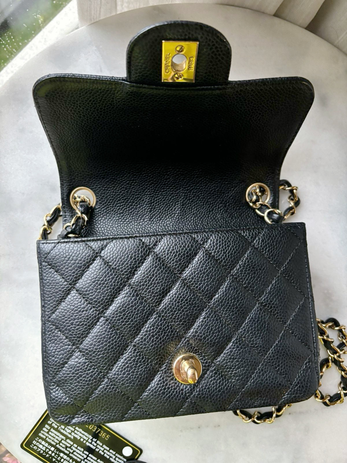 Chanel Mini Square Caviar Flap Bag Black GHW 1203 holo card
