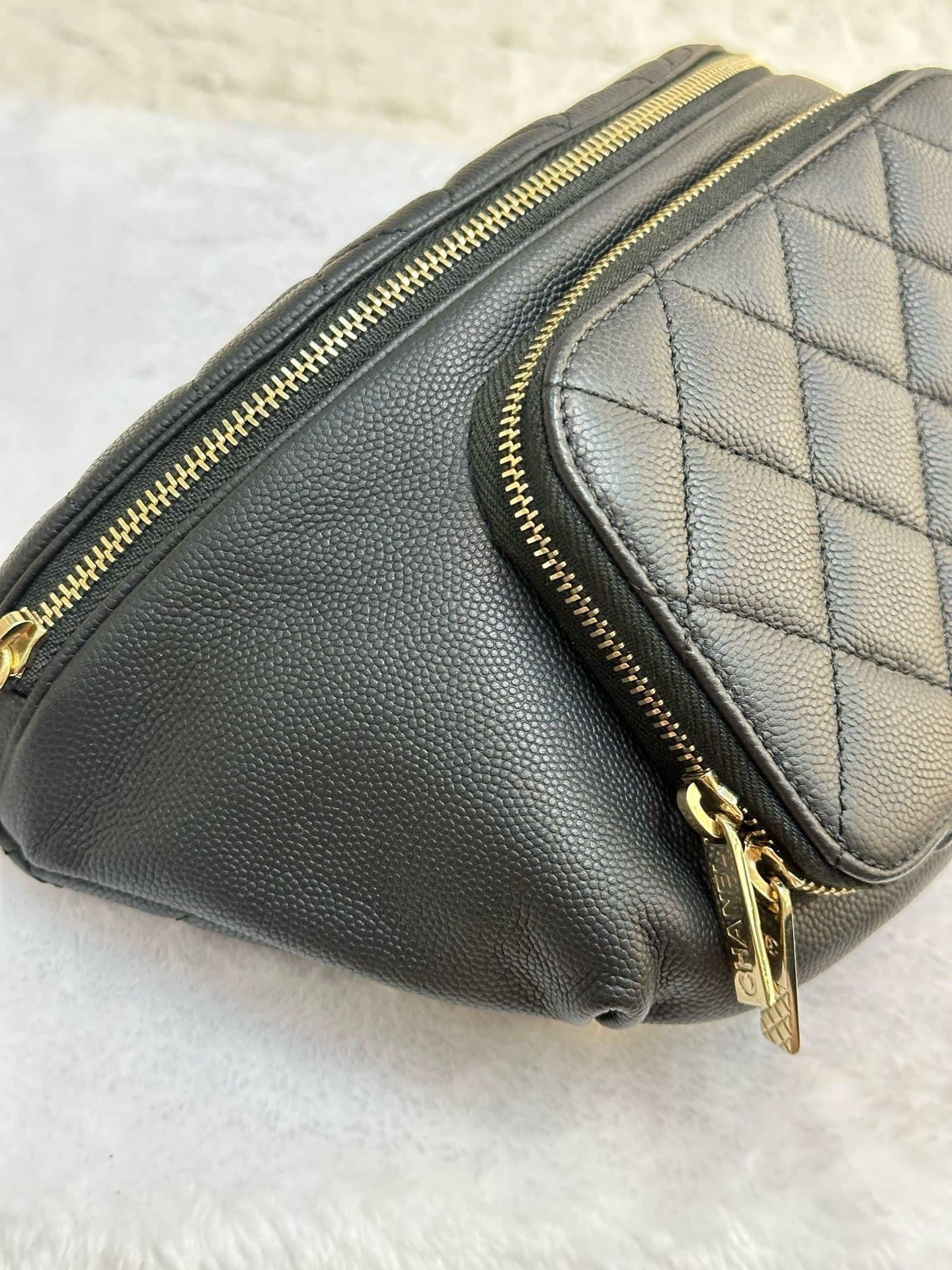 Chanel Black Quilted Caviar Leather Business Affinity Waist Belt Bag 27 holo card