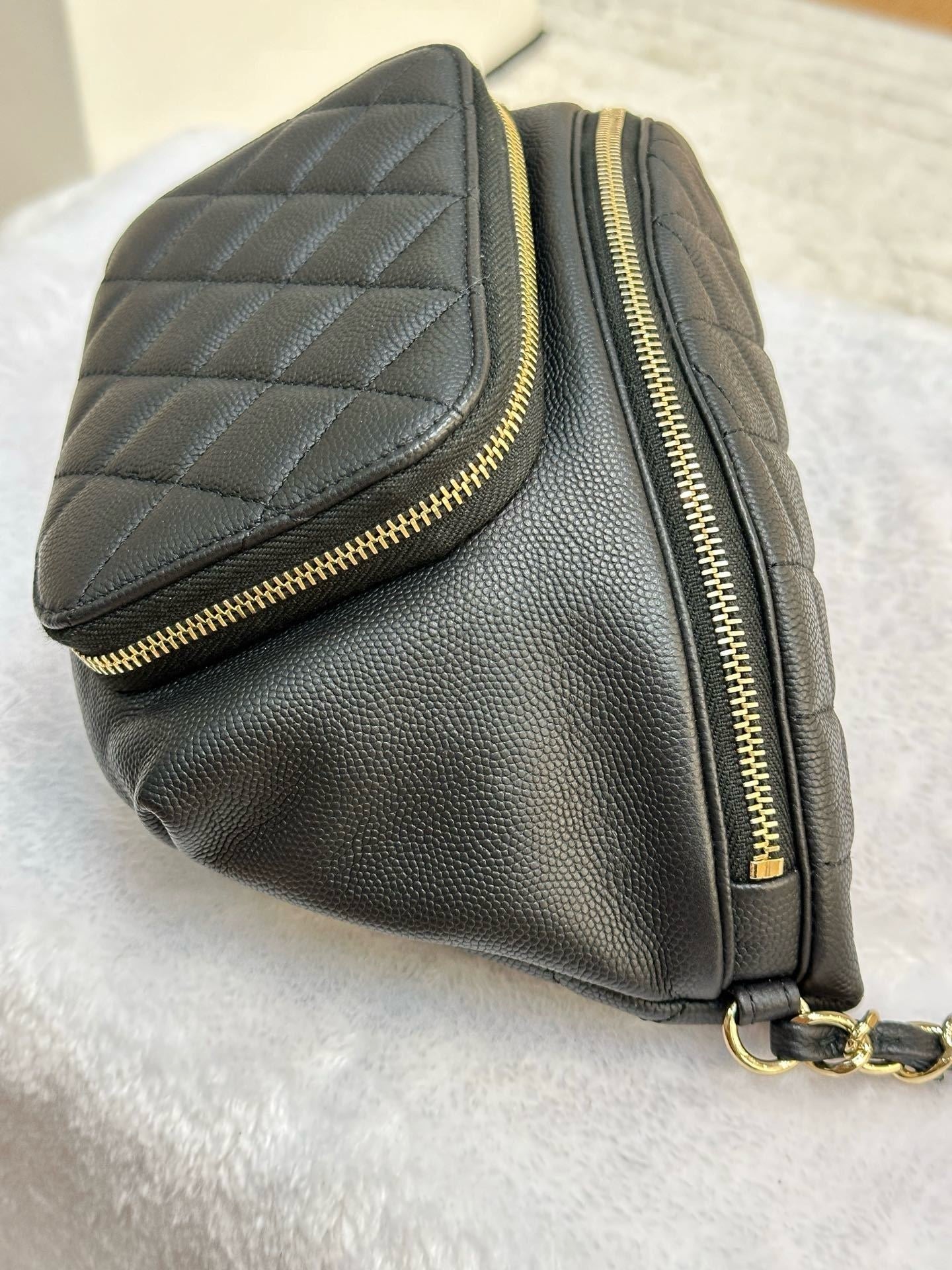 Chanel Black Quilted Caviar Leather Business Affinity Waist Belt Bag 27 holo card