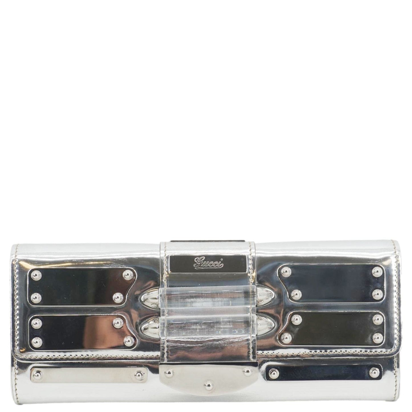 GUCCI Mirror Metallic Patent Leather Clutch Silver