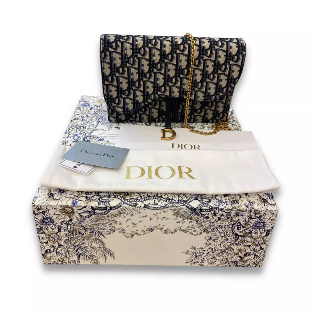 DIOR BLUE LONG SADDLE WALLET WITH CHAIN BAG