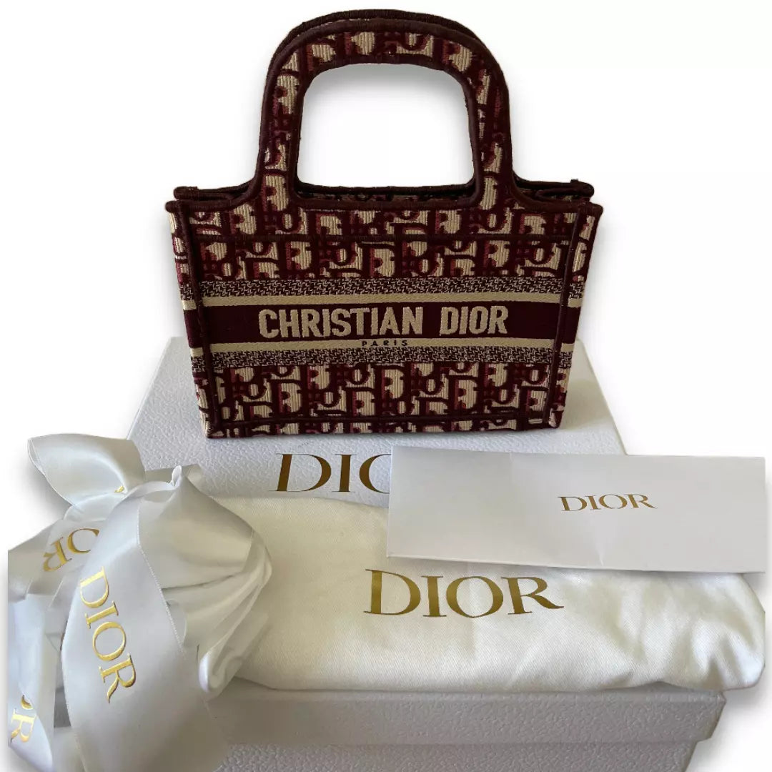 DIOR BURGUNDY CANVAS LEATHER BOOK TOTE MINI