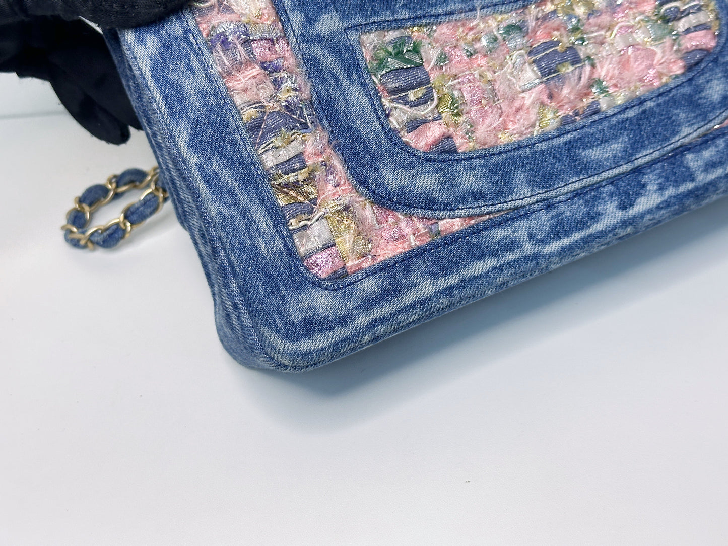 Chanel Pink, Silver, and Gold Tweed and Denim Medium Classic Double Flap Gold Hardware, 2016