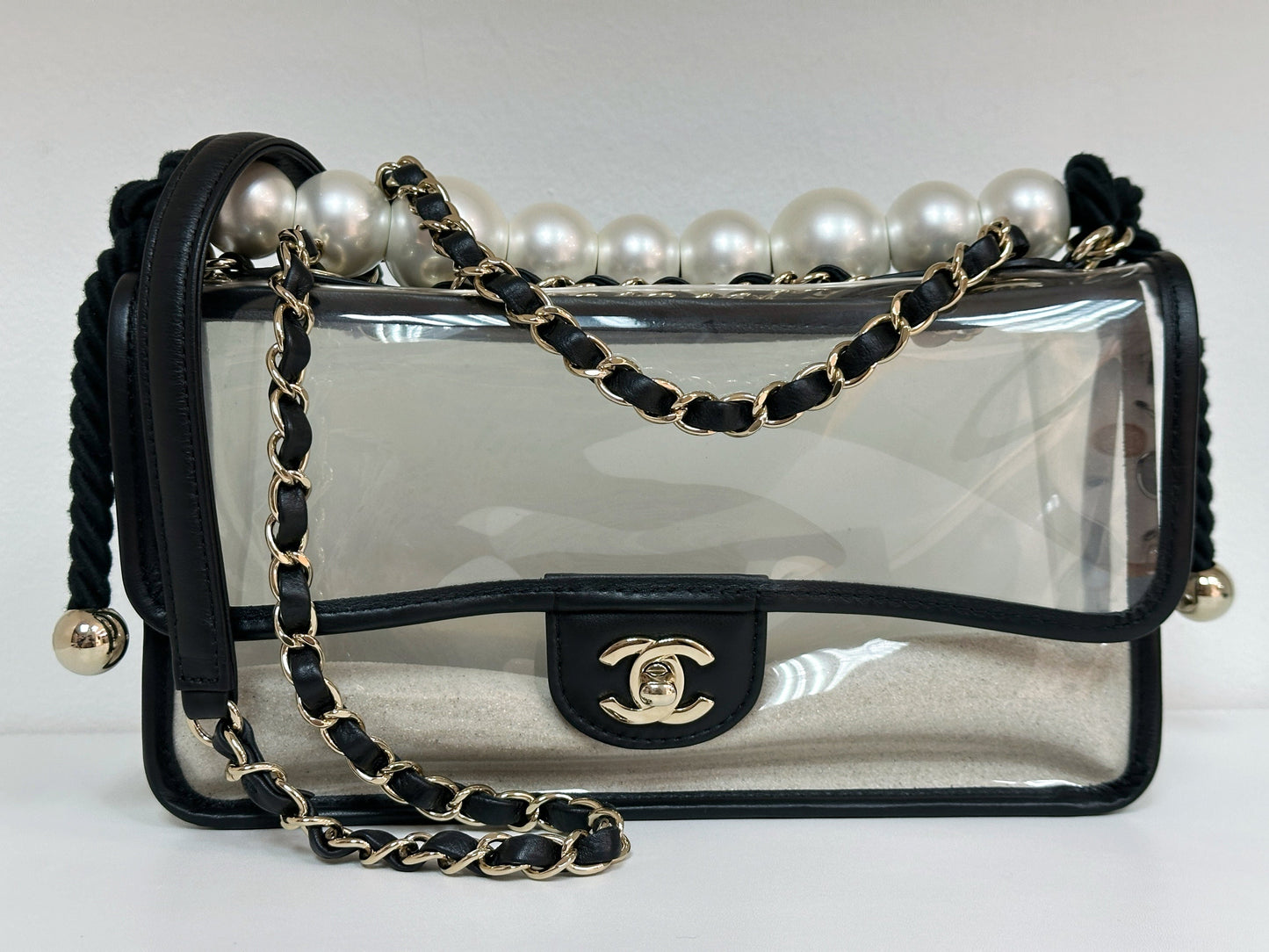 Chanel Medium Lambskin CoCo Sand PVC Sand By The Sea Flap With Pearl Strap Black 2745 holo card