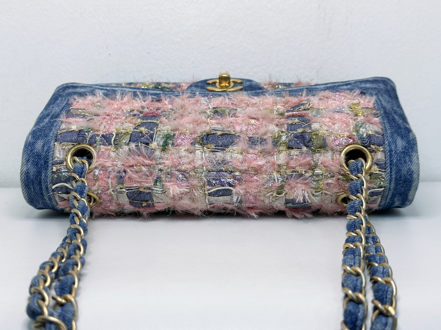 Chanel Pink, Silver, and Gold Tweed and Denim Medium Classic Double Flap Gold Hardware, 2016