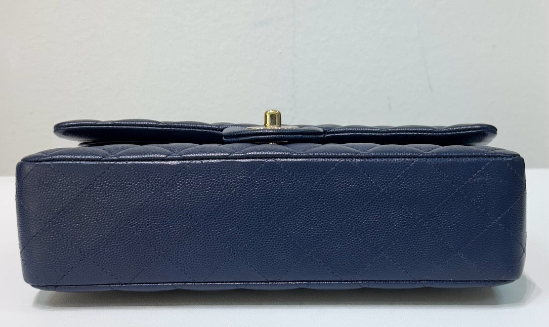 Chanel Medium Classic Caviar Double Flap Navy Blue Bag LGHW