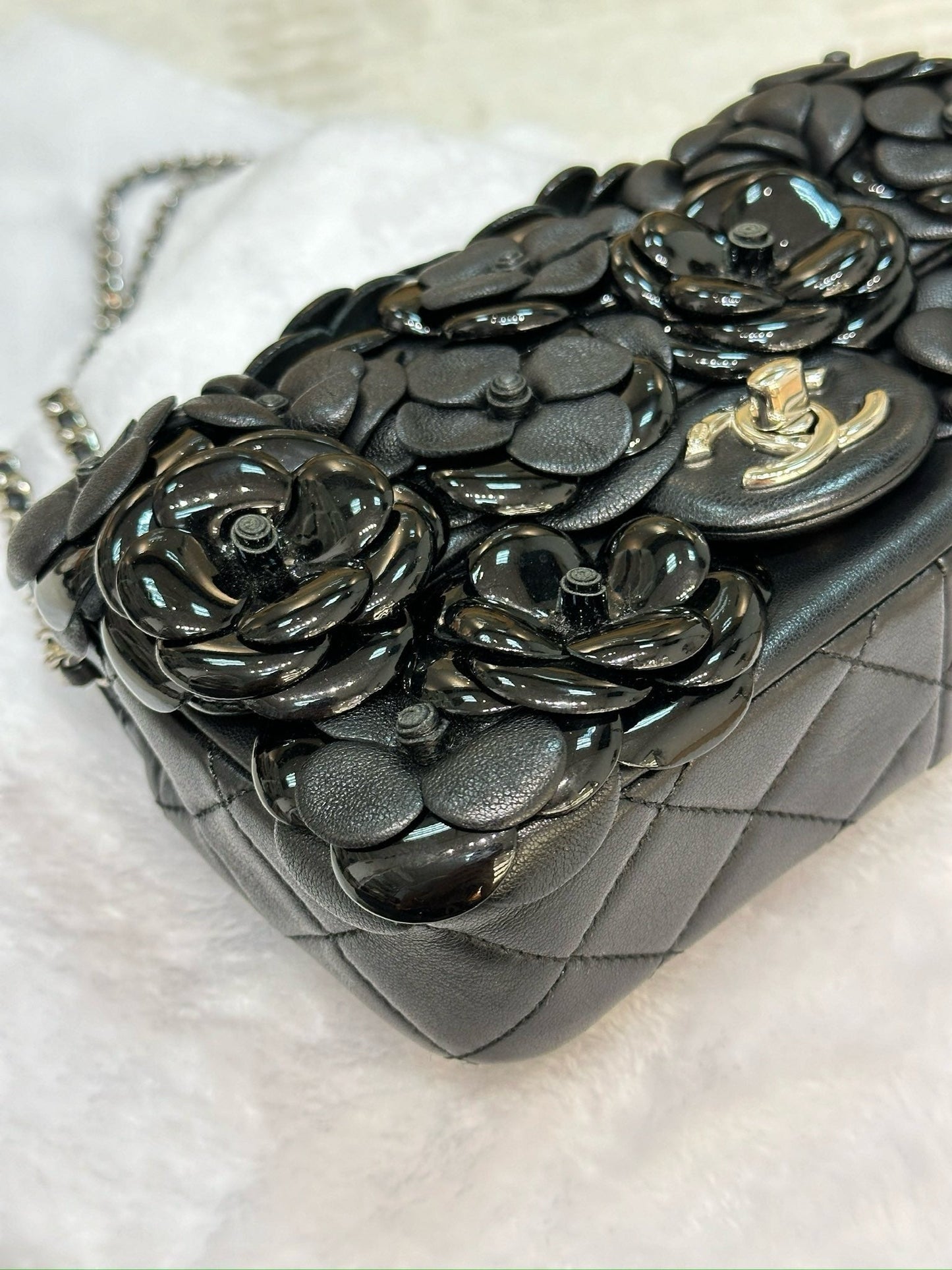 Chanel Mini Limited Edition Black Camellia Lambskin Flap Bag