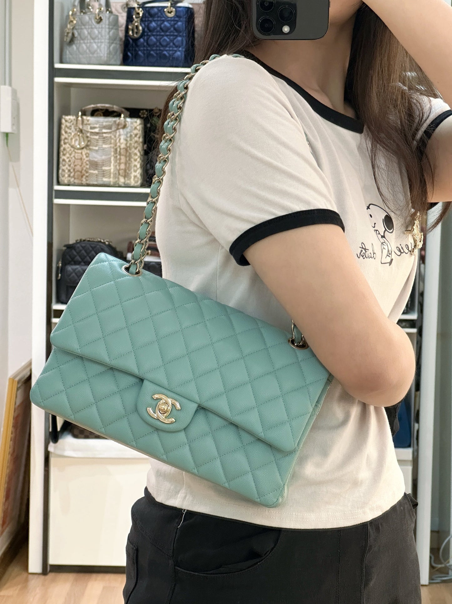Chanel Classic Flap Medium 20C Tiffany Blue Caviar Light Gold Hardware 2943 holo card