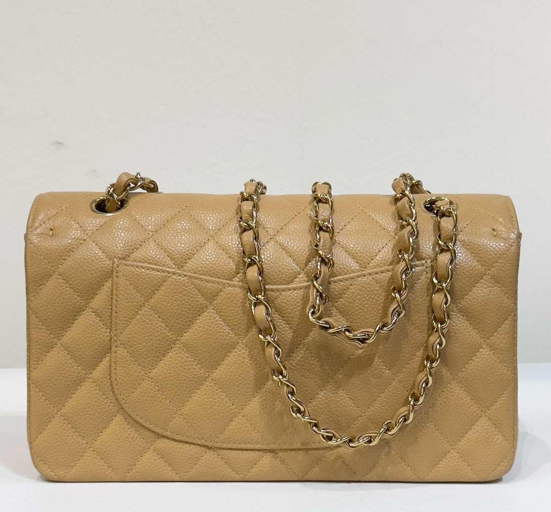 Chanel Medium Caviar Quilted Double Flap Beige Bag 866 Holo