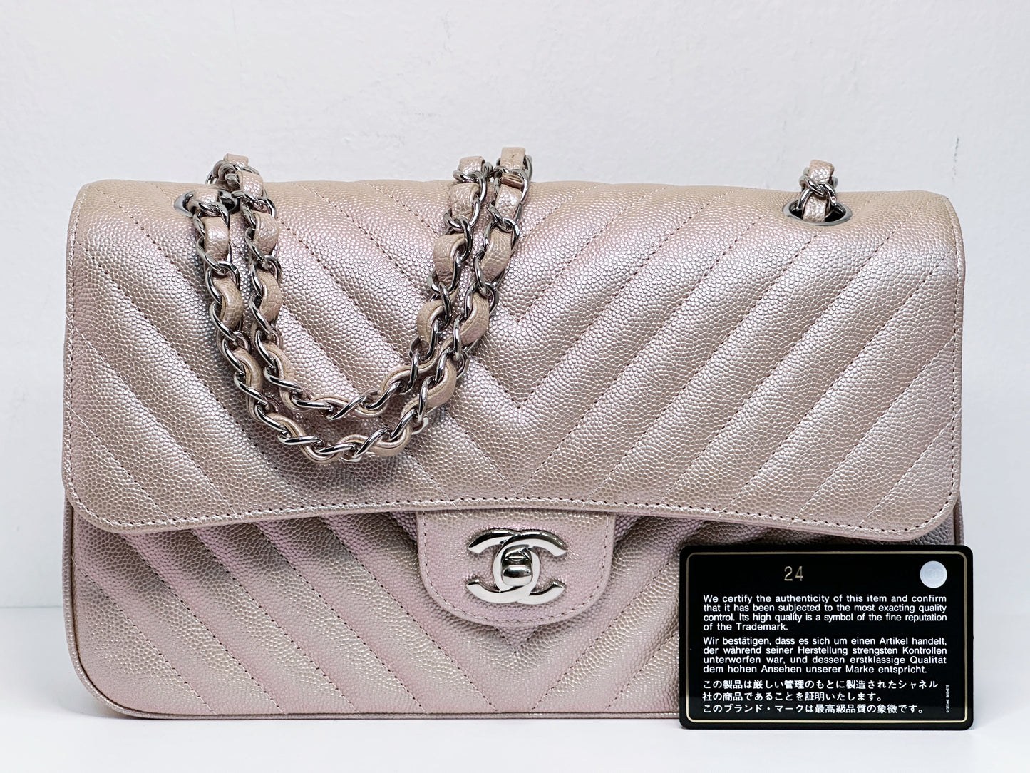 Chanel Medium Classic Chevron Caviar Double Flap Rose Gold SHW 24769 holo card