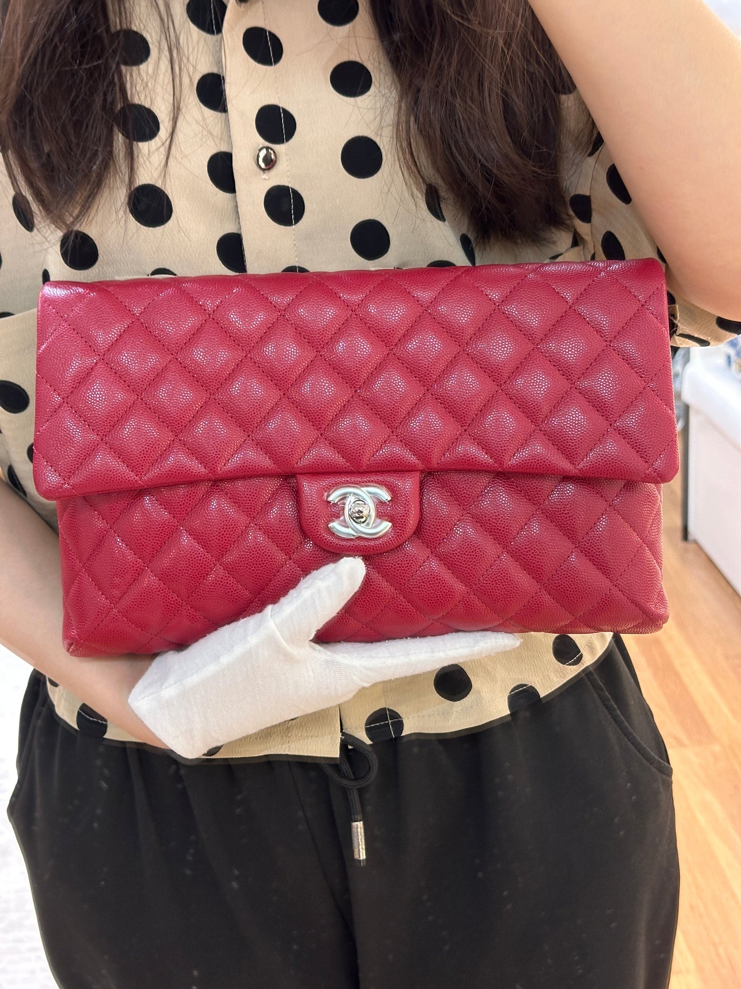 Chanel Flap Clutch Bag Red Caviar SHW 2645 holo card