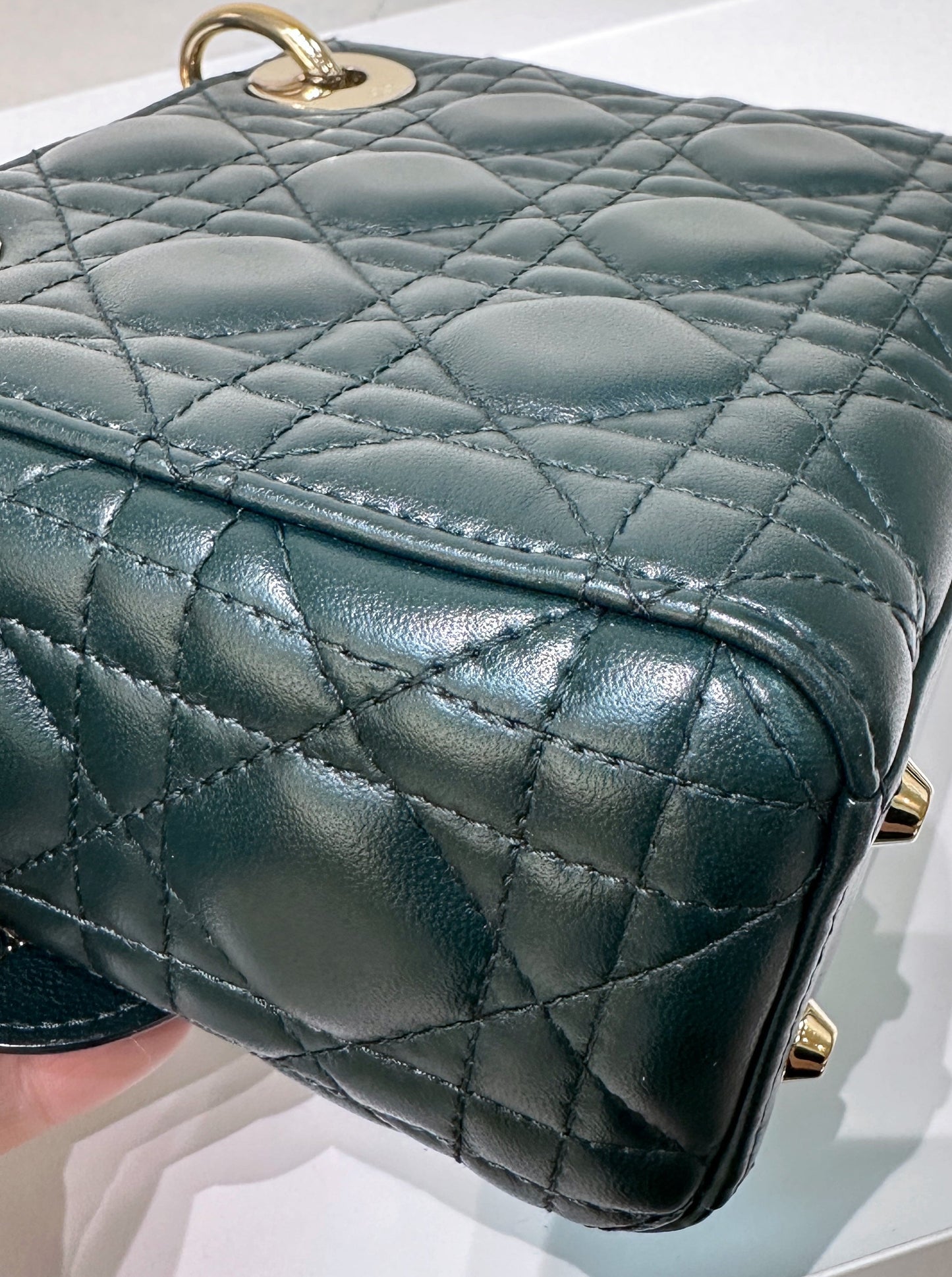 CHRISTIAN DIOR Lambskin Cannage Mini Lady Dior Dark Green