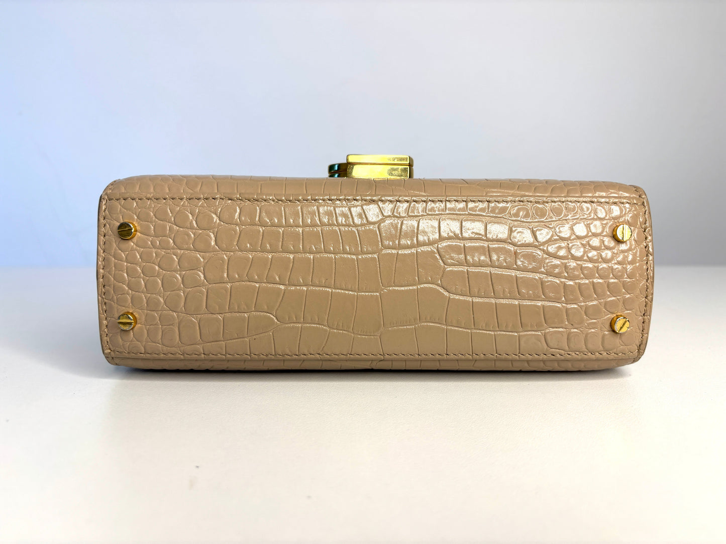 Saint Laurent YSL Crocodile Embossed Mini Classic Monogram Cassandra Nude Top Handle Bag