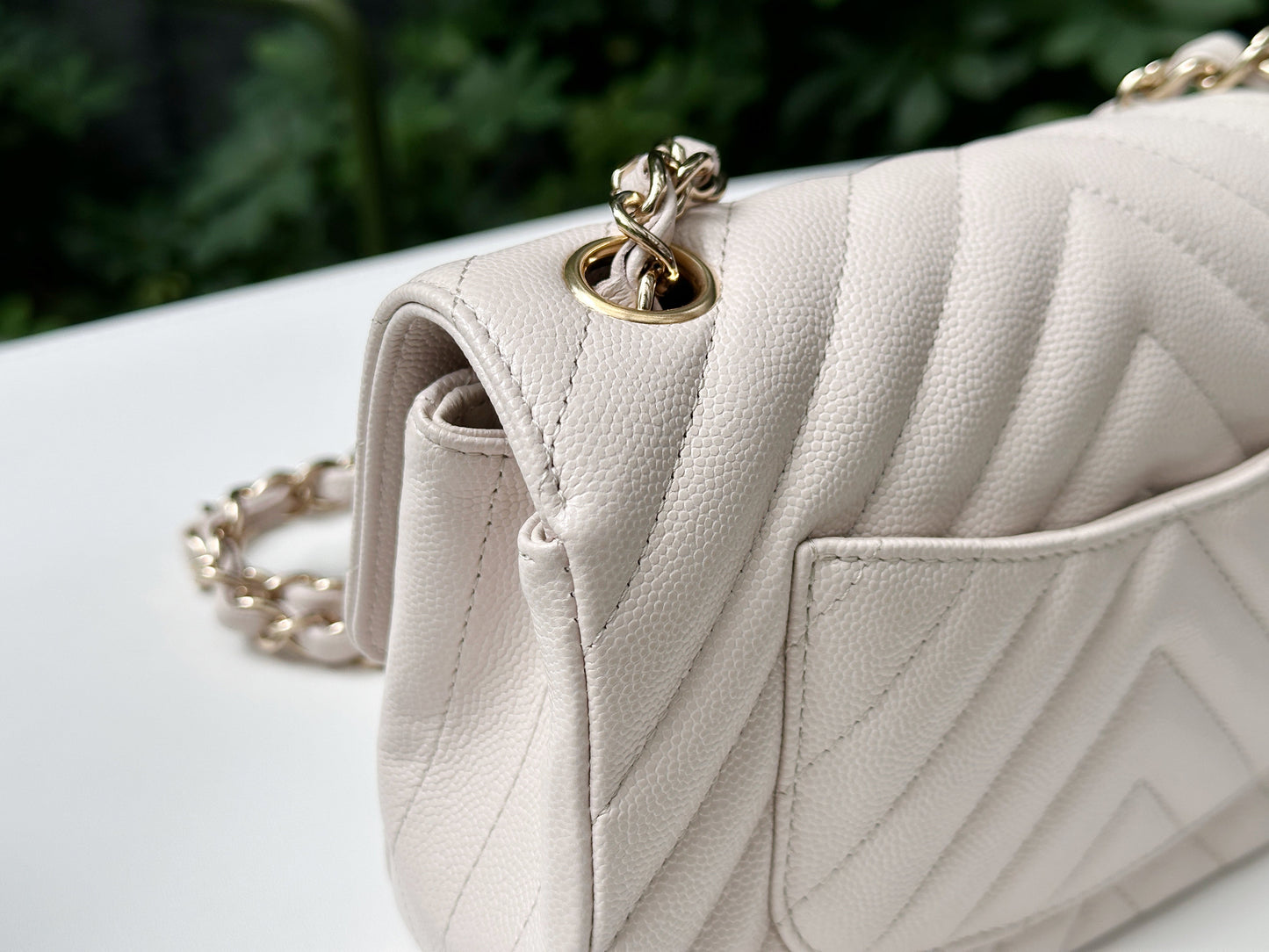 Chanel Mini Rectangle Chevron Blush Hue Light Beige Flap Bag LGHW 2644 holo card