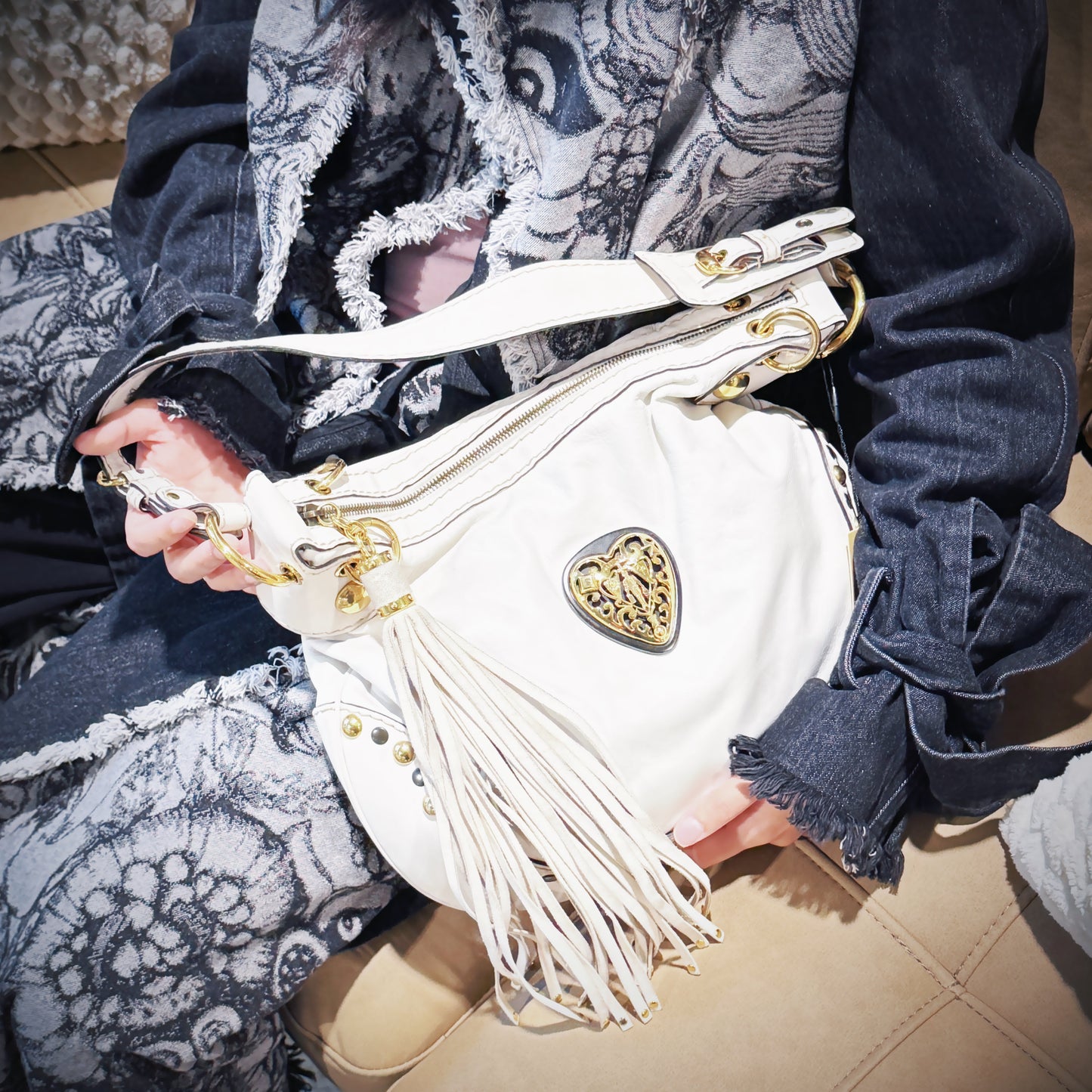 Gucci white leather studded Babouska heart hobo TWS