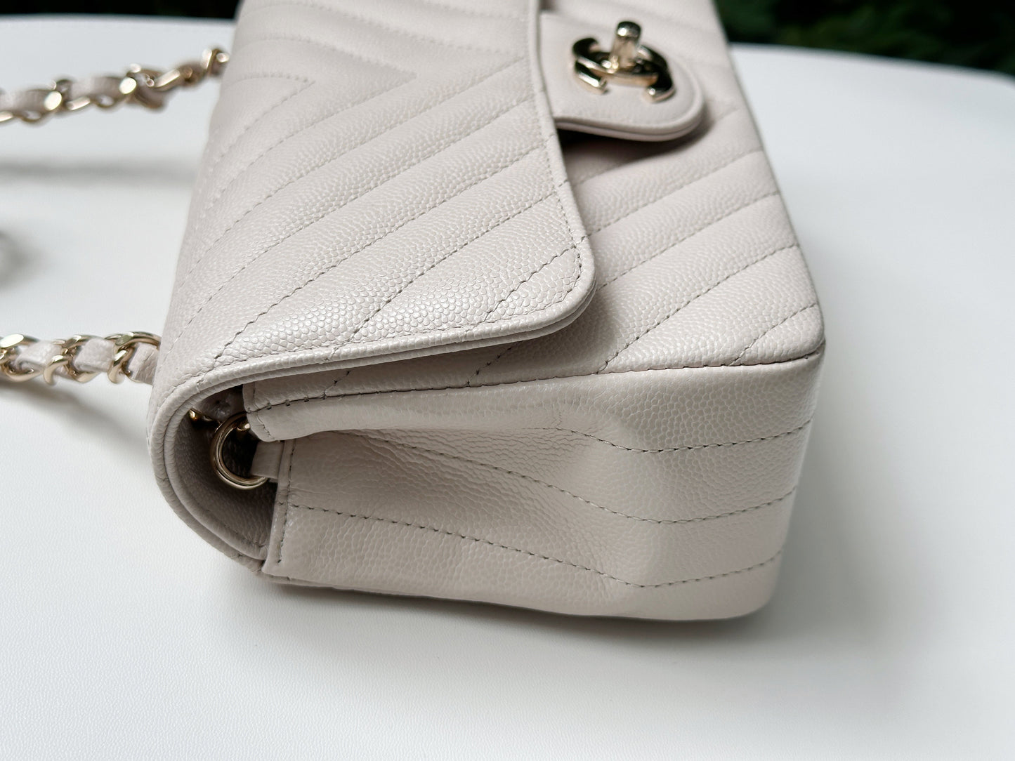 Chanel Mini Rectangle Chevron Blush Hue Light Beige Flap Bag LGHW 2644 holo card