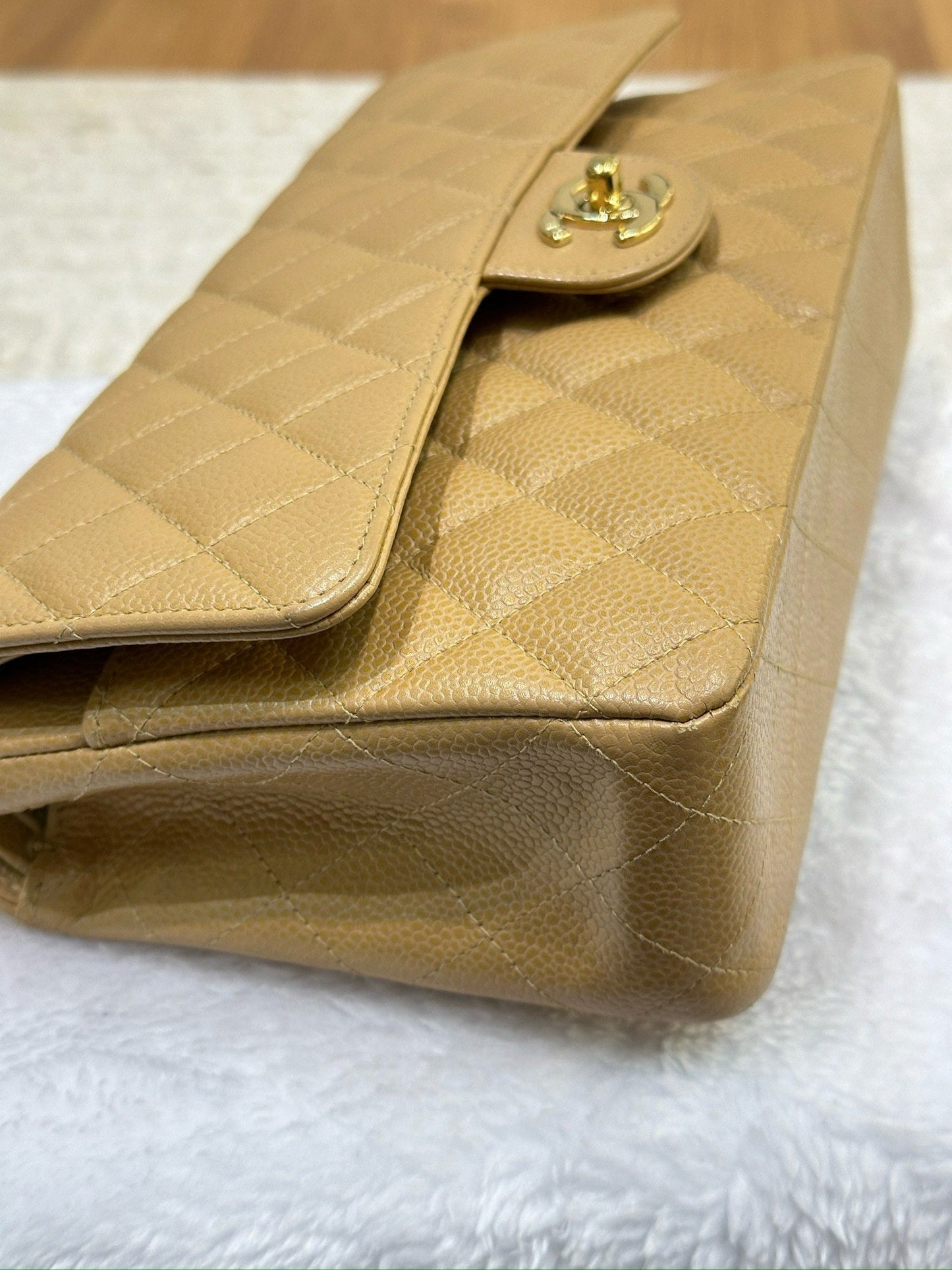 Chanel Medium Caviar Quilted Double Flap Beige Bag 866 Holo