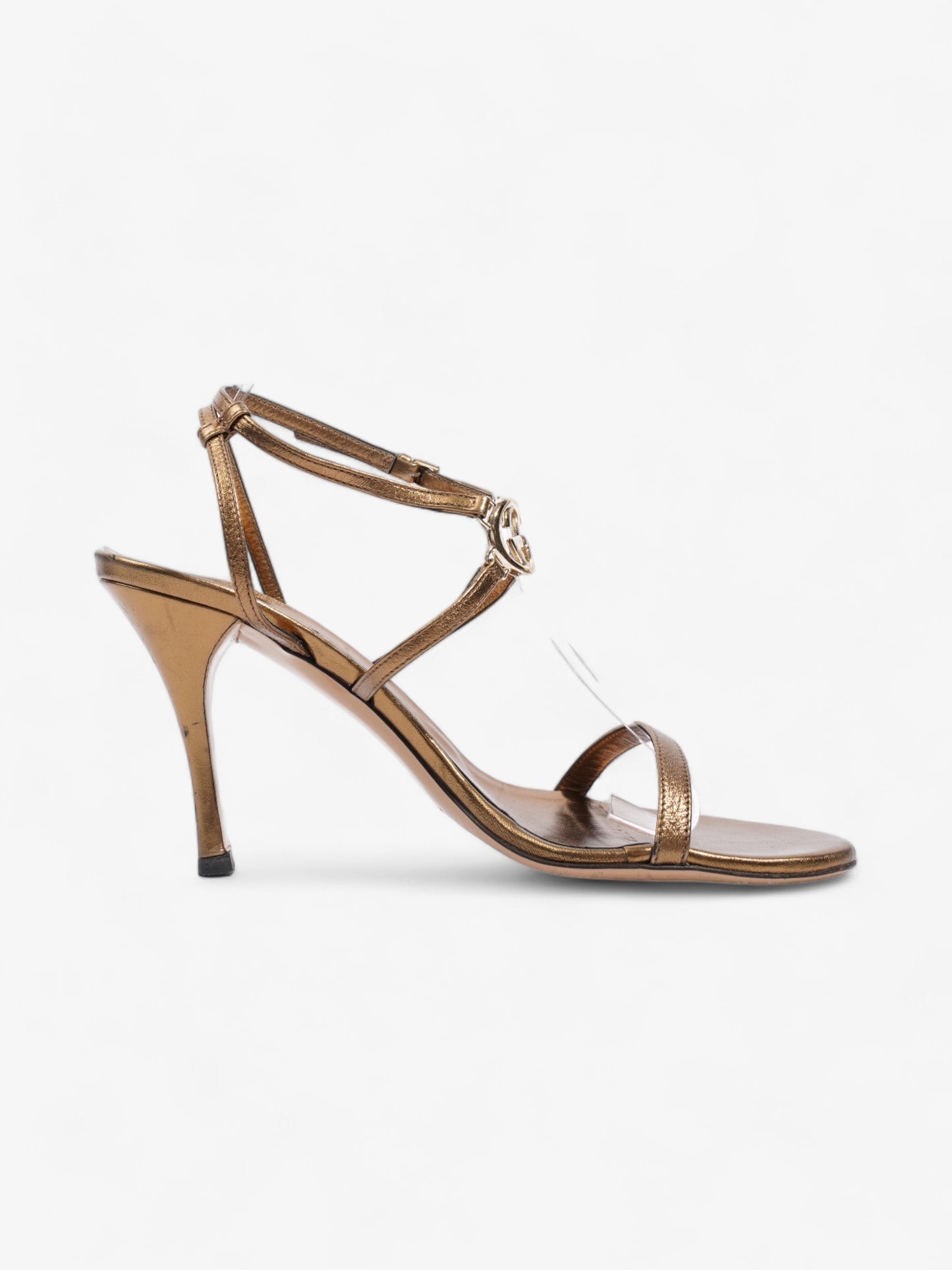 Gucci GG Logo Strappy Open Toe 80mm Gold Leather EU 38.5 UK 5.5