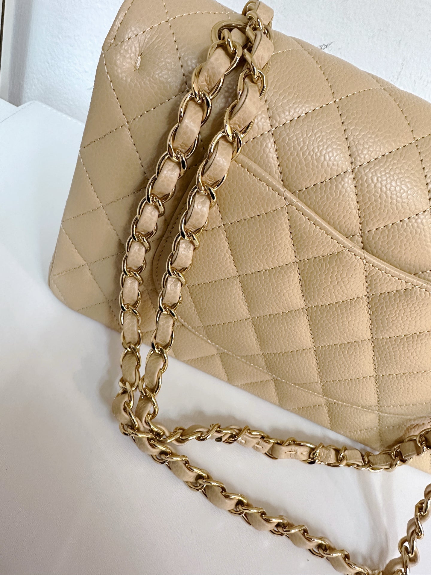 Chanel Medium Beige Classic Caviar Double Flap Bag GHW Microchip Singapore local Receipt