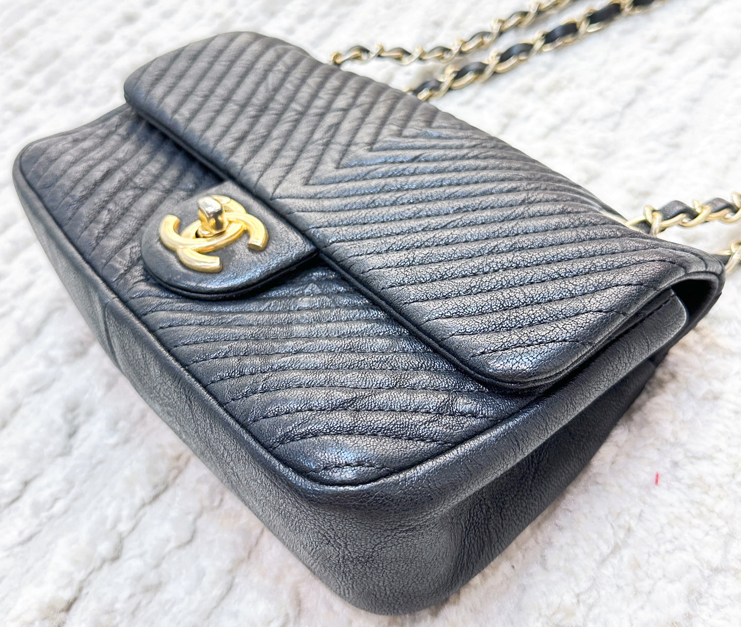 Chanel Black Chevron Leather Small Classic Flap Bag