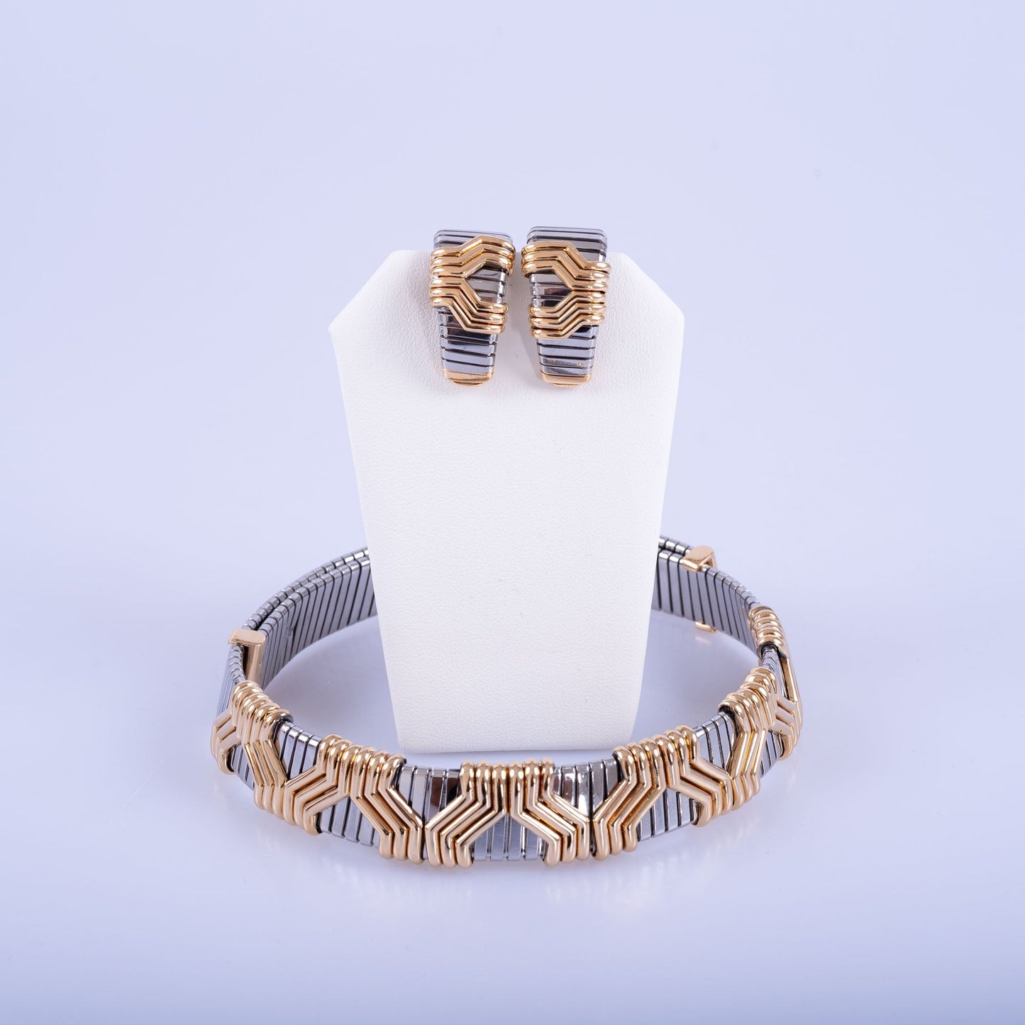 Estate Jewelry Bulgari Steel and Gold Choker and Earrings Set