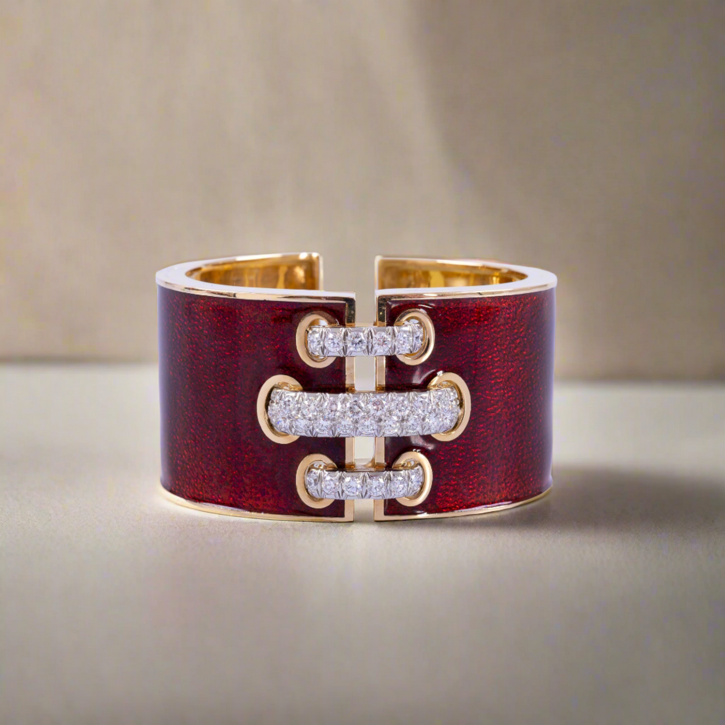 Estate Jewelry David Webb Red Enamel Diamond Gold Platinum Shoelace Cuff