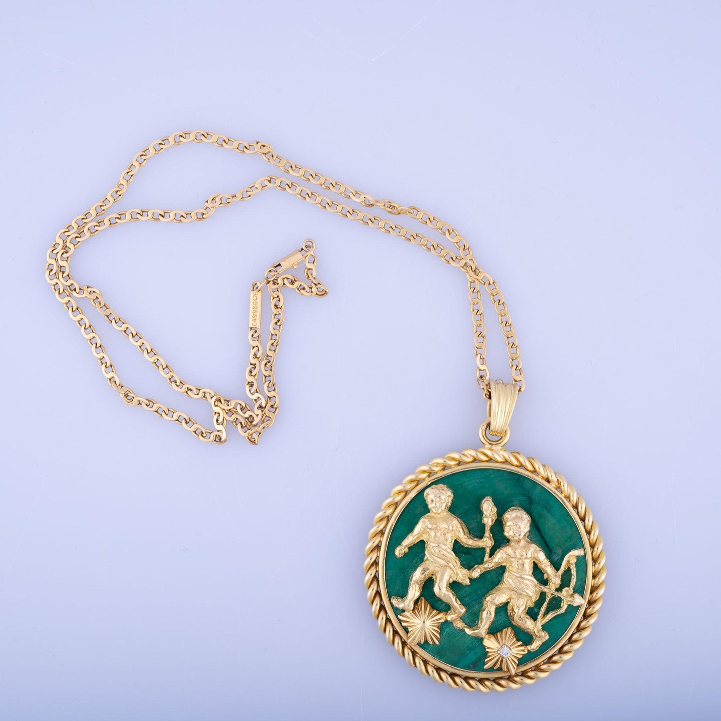 Estate Jewelry Van Cleef & Arpels Gemini 18K Gold Malachite Pendant Necklace, Circa 1950S-60S