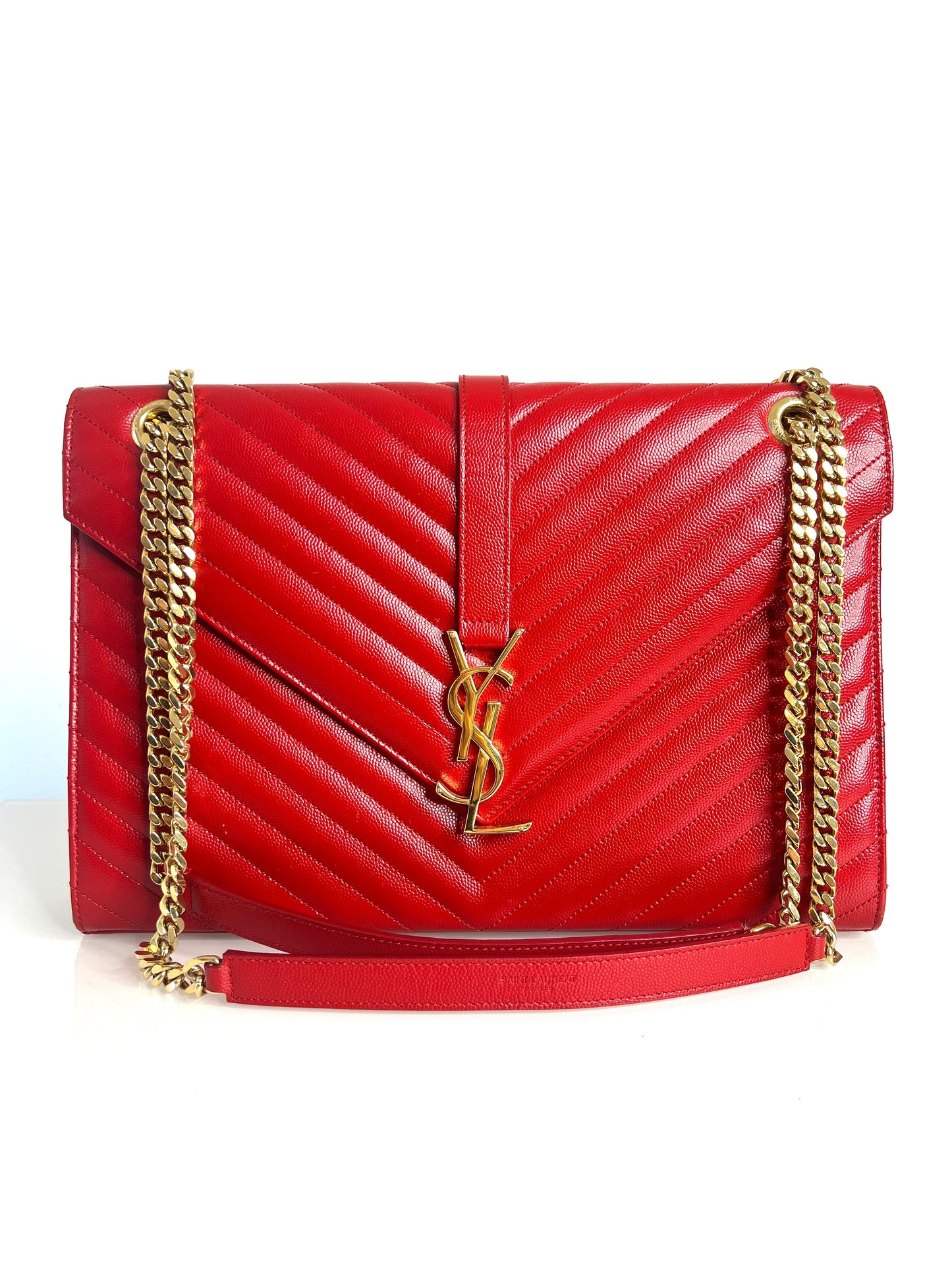 Saint Laurent YSL Pre-Loved Large Envelope Red Chevron Quilted Leather Shoulder Bag