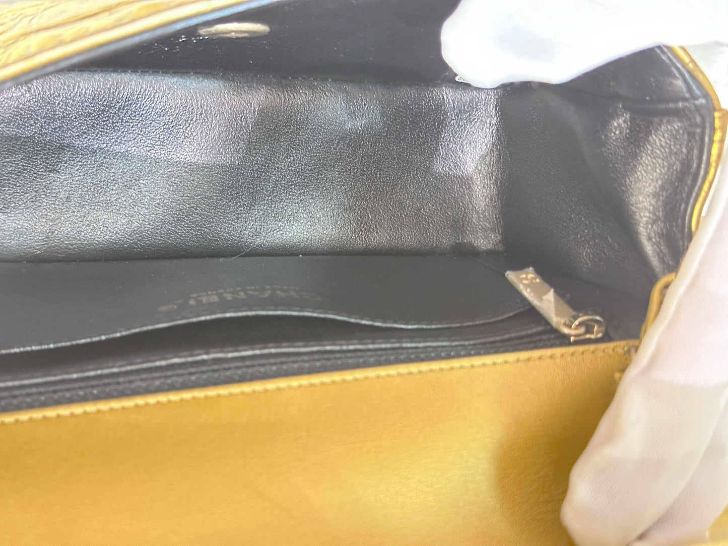Chanel Gold Metallic Calfskin Crocodile Embossed Rectangular Mini Flap