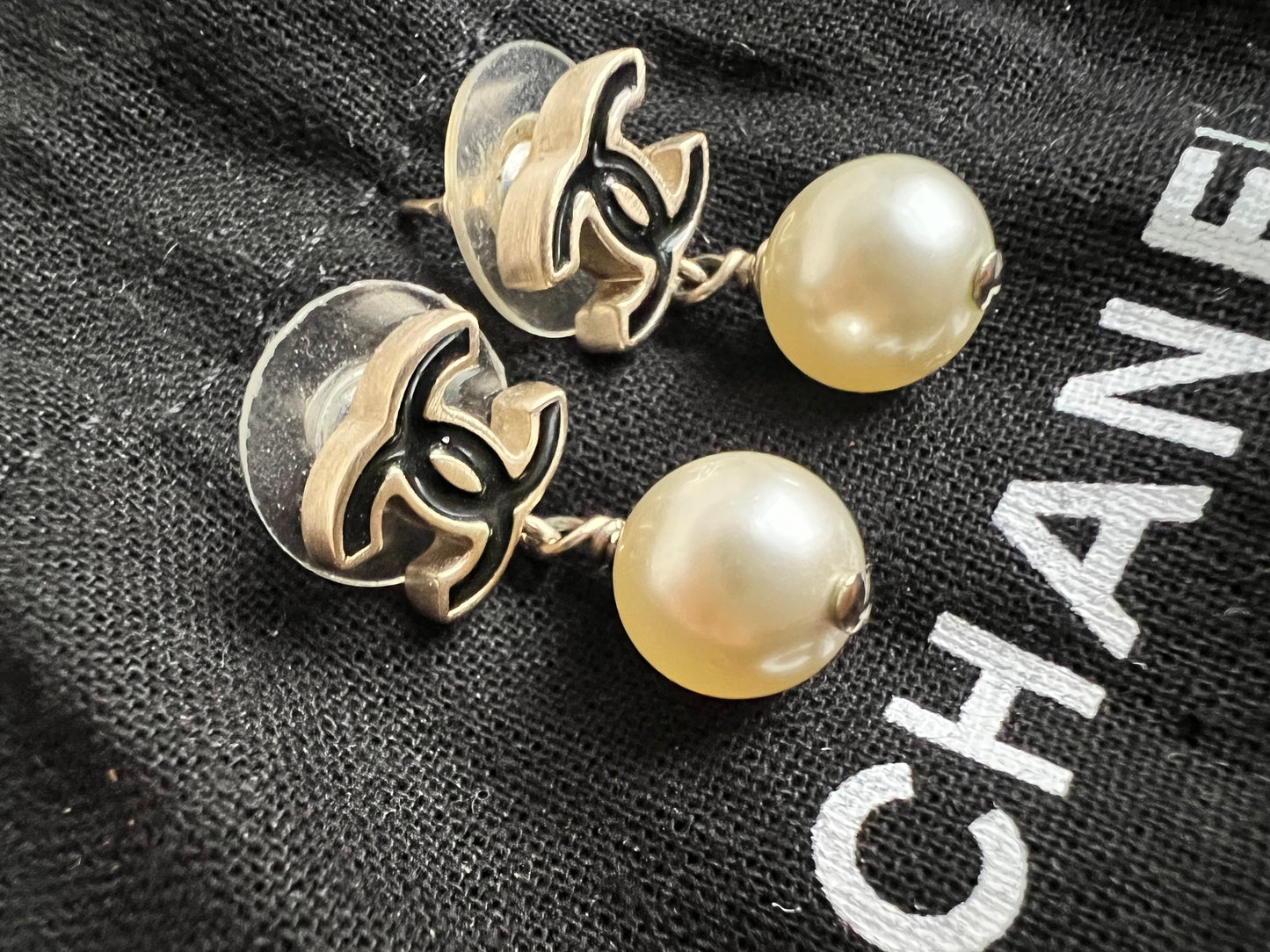 Chanel Black CC Pearl Drop Earrings