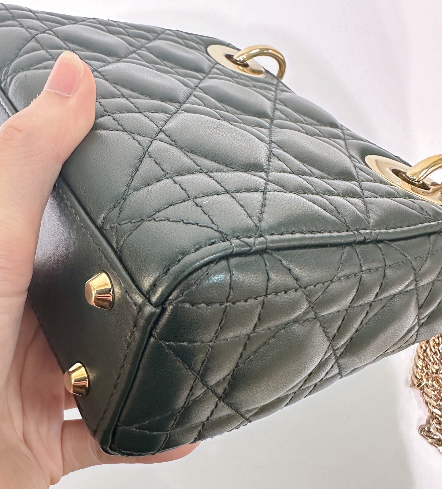 CHRISTIAN DIOR Lambskin Cannage Mini Lady Dior Dark Green