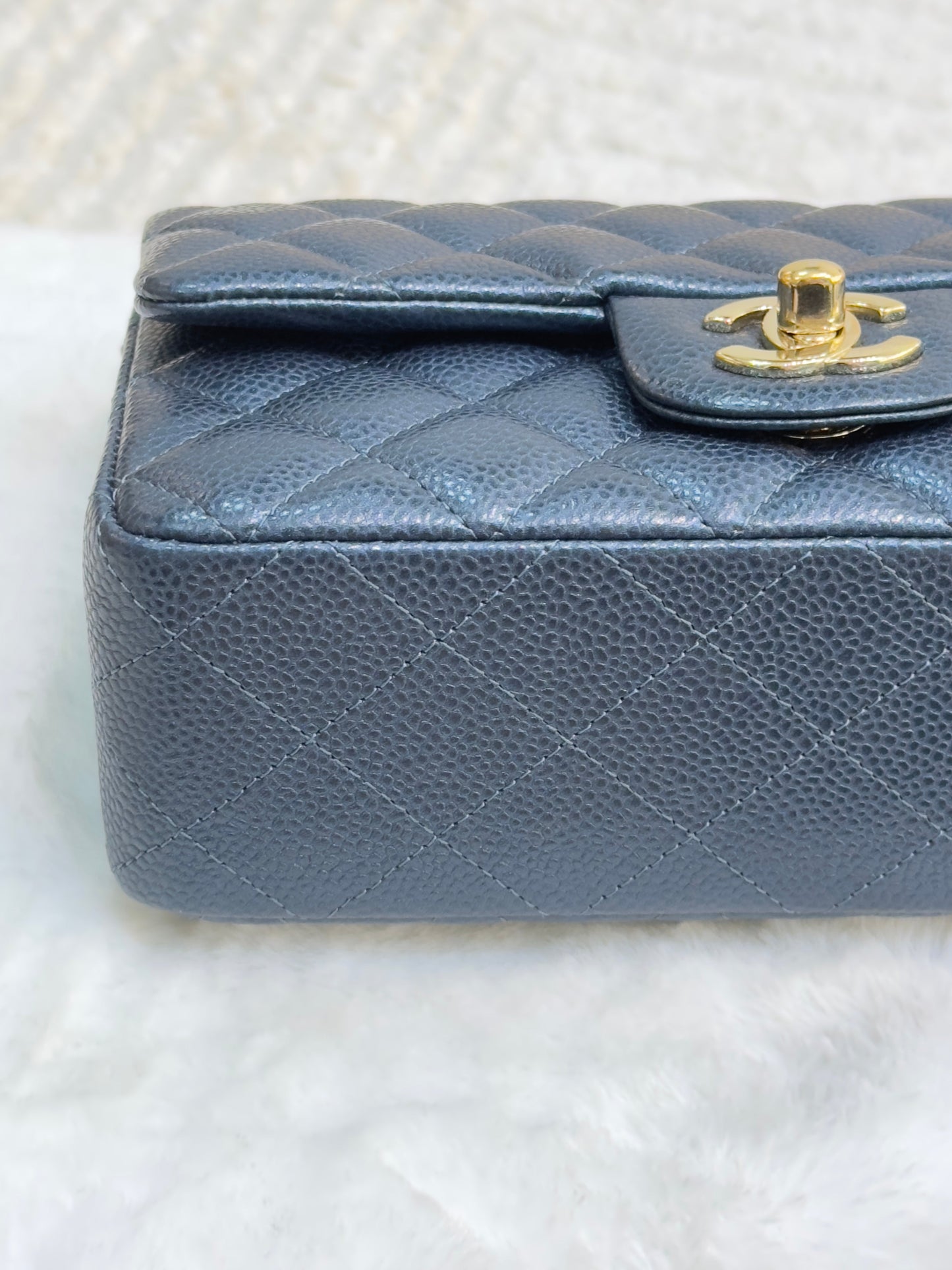 CHANEL Pearly Caviar Quilted Mini Rectangular Flap Navy Blue 18S