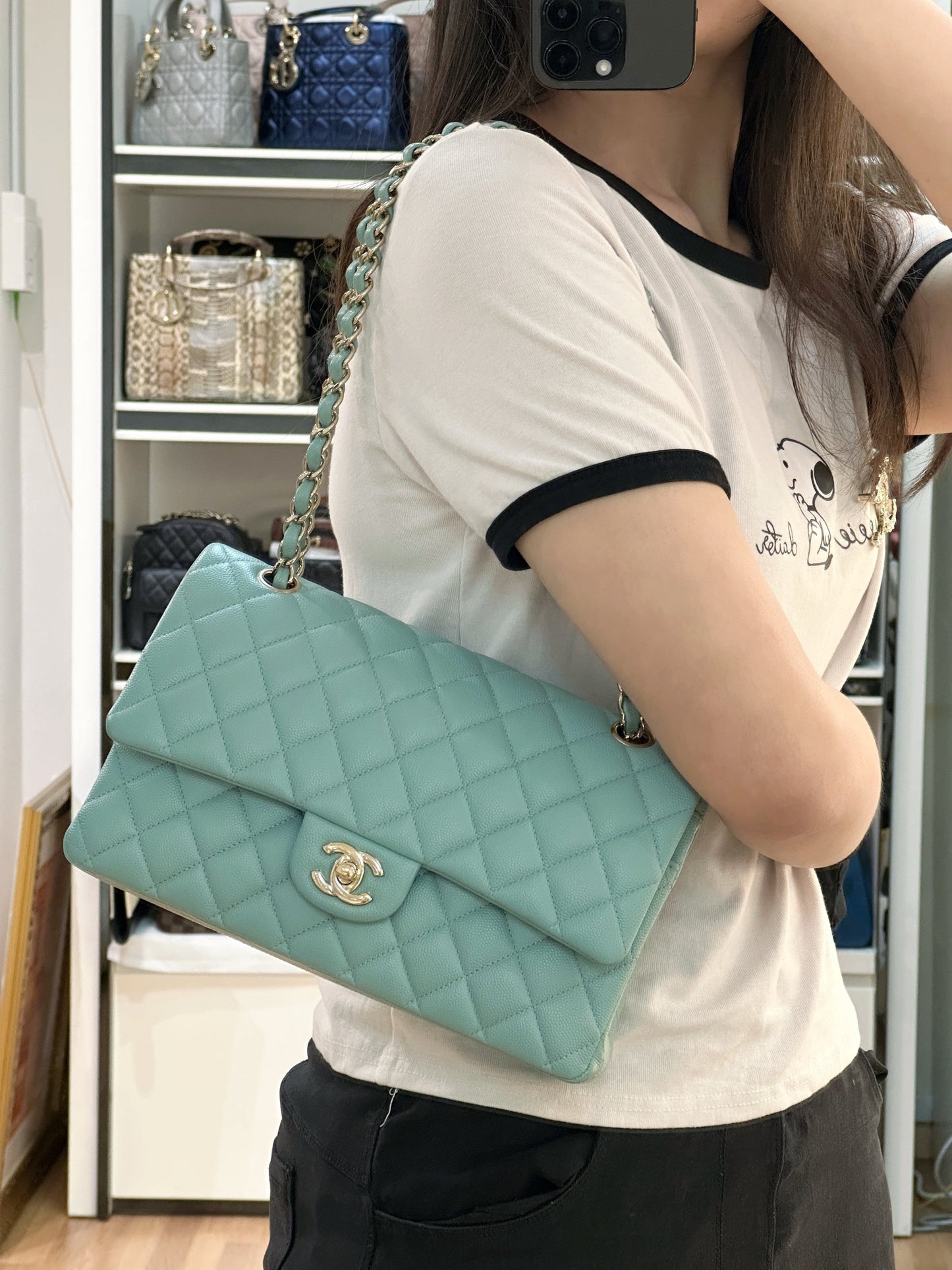Chanel Classic Flap Medium 20C Tiffany Blue Caviar Light Gold Hardware 2943 holo card