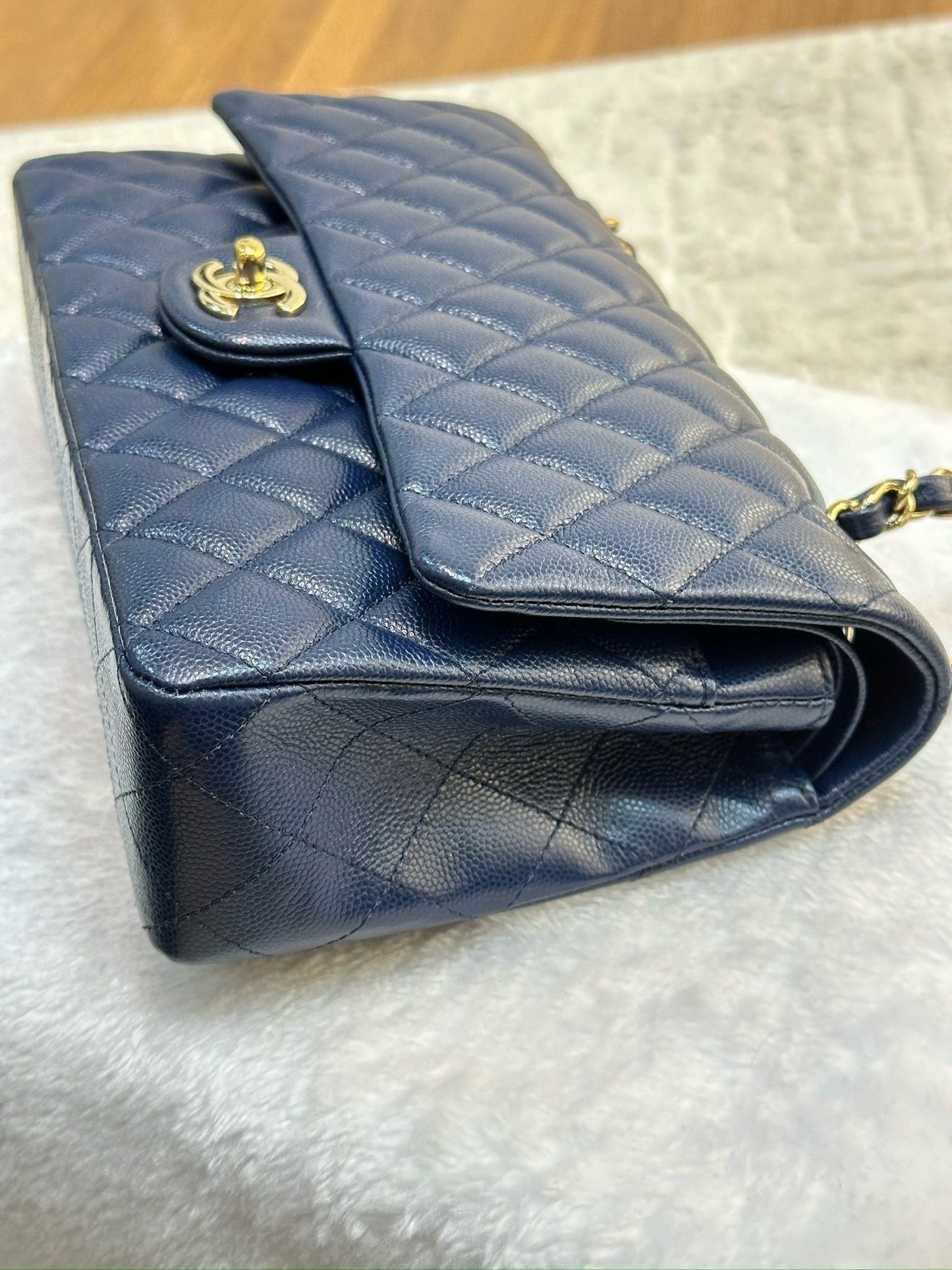 Chanel Medium Classic Caviar Double Flap Navy Blue Bag LGHW
