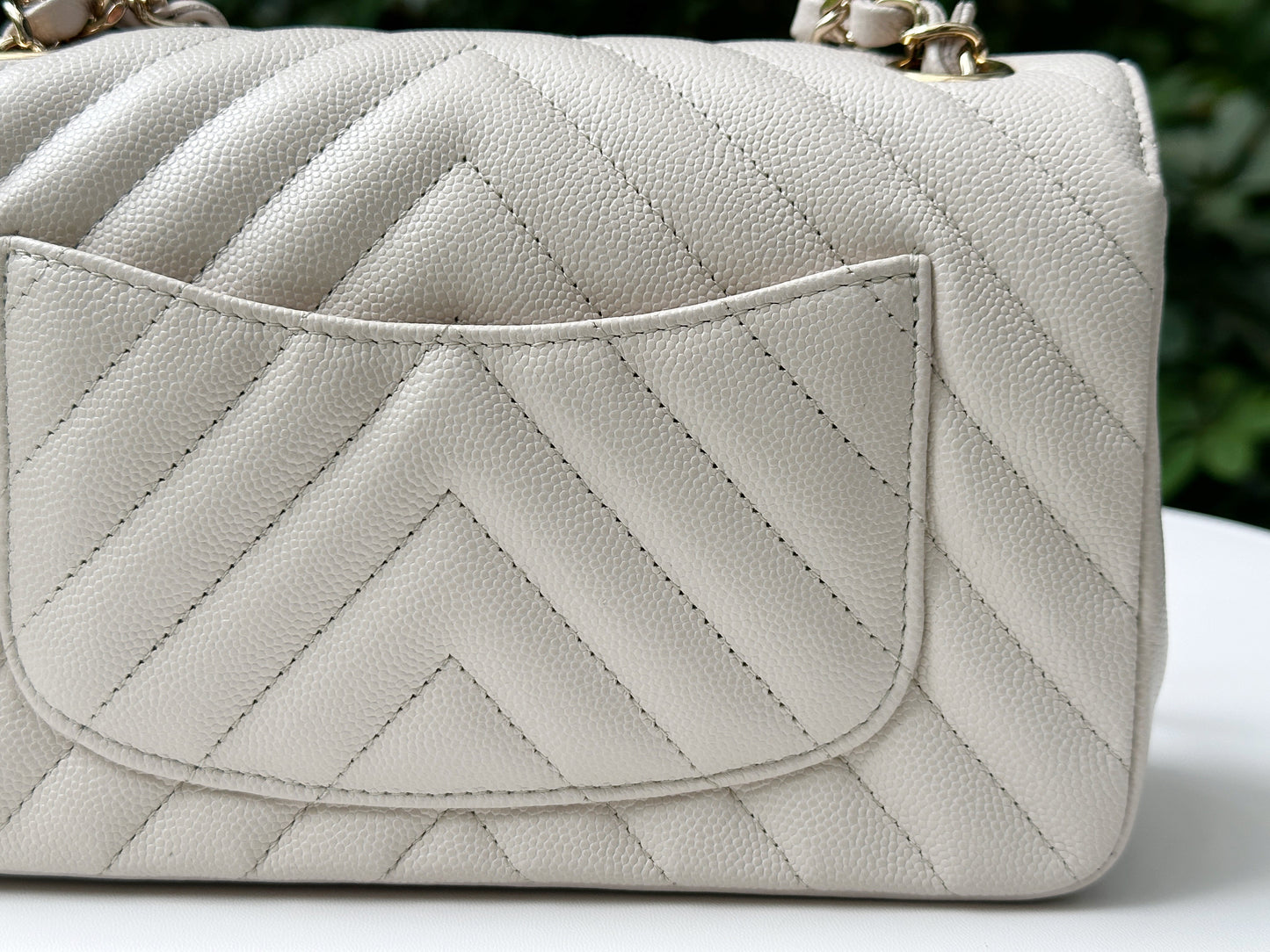 Chanel Mini Rectangle Chevron Blush Hue Light Beige Flap Bag LGHW 2644 holo card