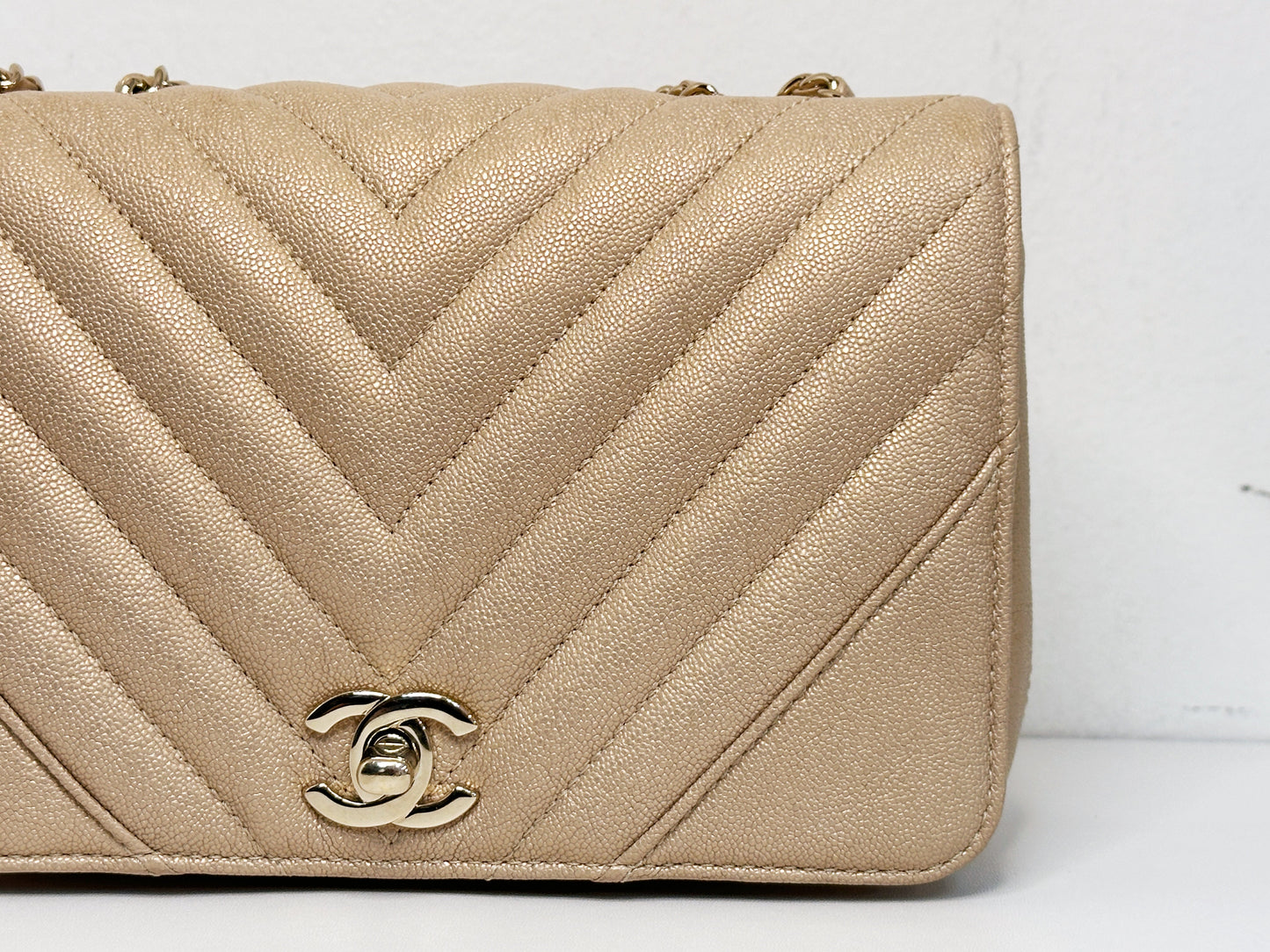 Chanel Mini Statement Metallic Caviar Chevron Quilted Flap Beige LGHW 2835 holo card