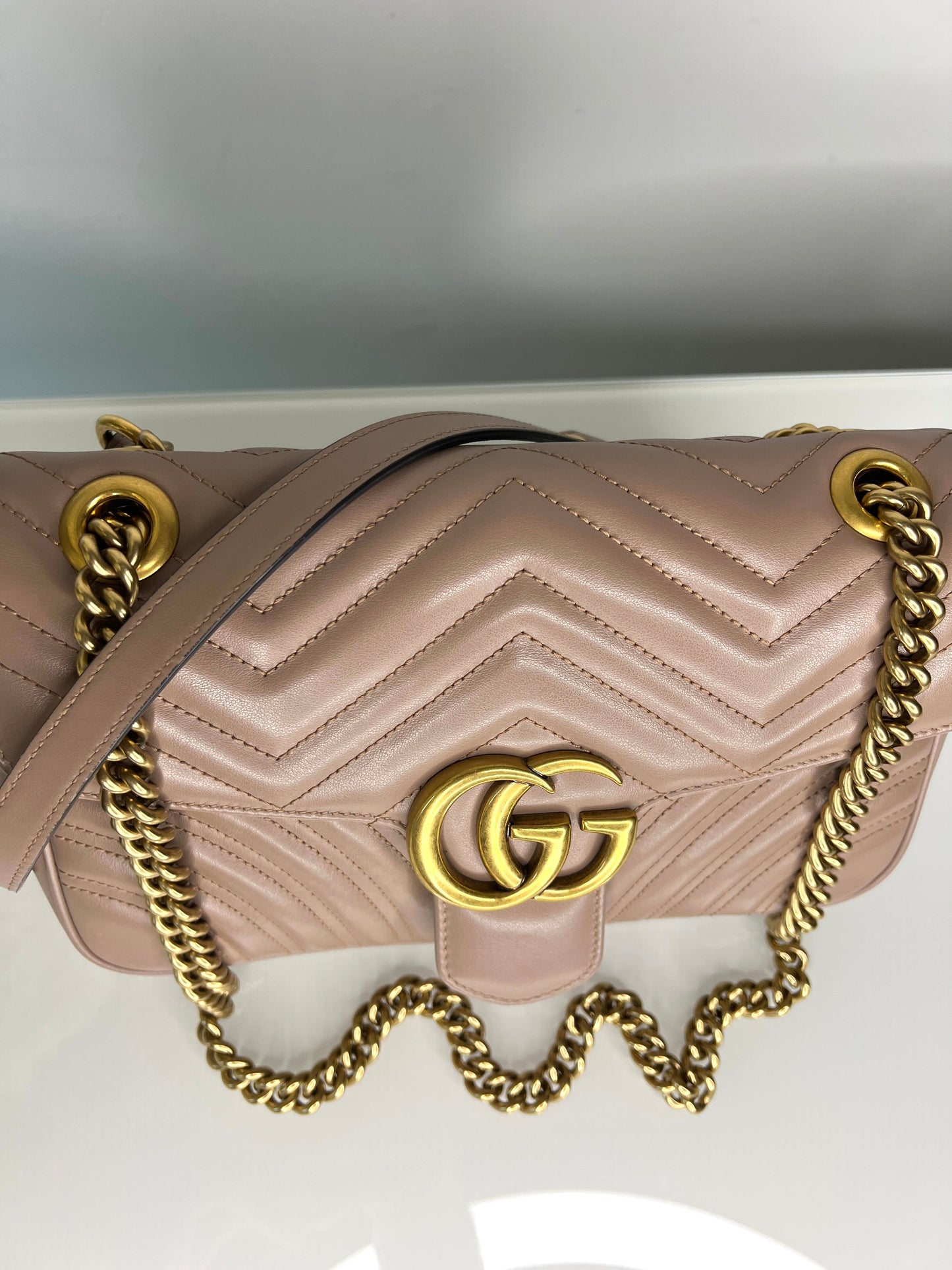 Gucci Preloved Marmont Medium Beige Leather Shoulder Bag